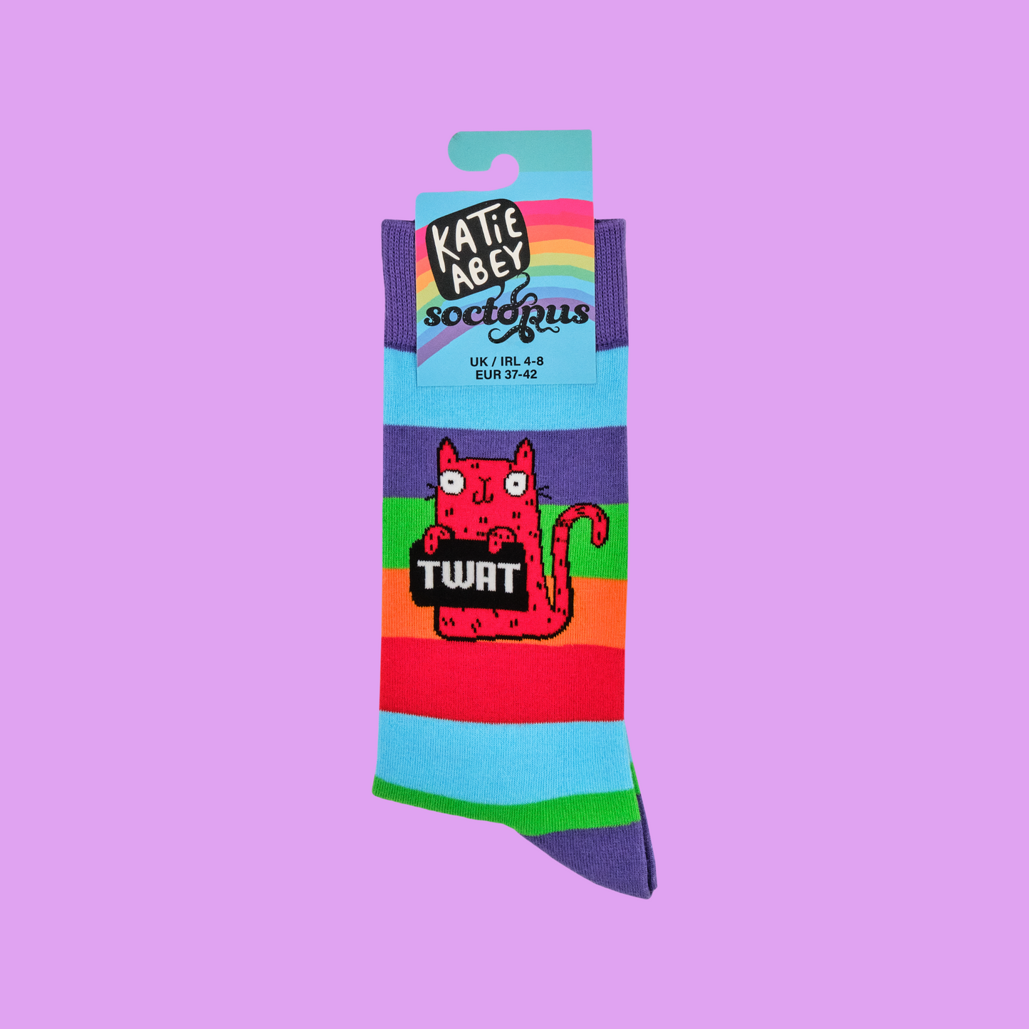 A pair of socks featuring a cute cat holding a sweary sign. Rainbow legs.