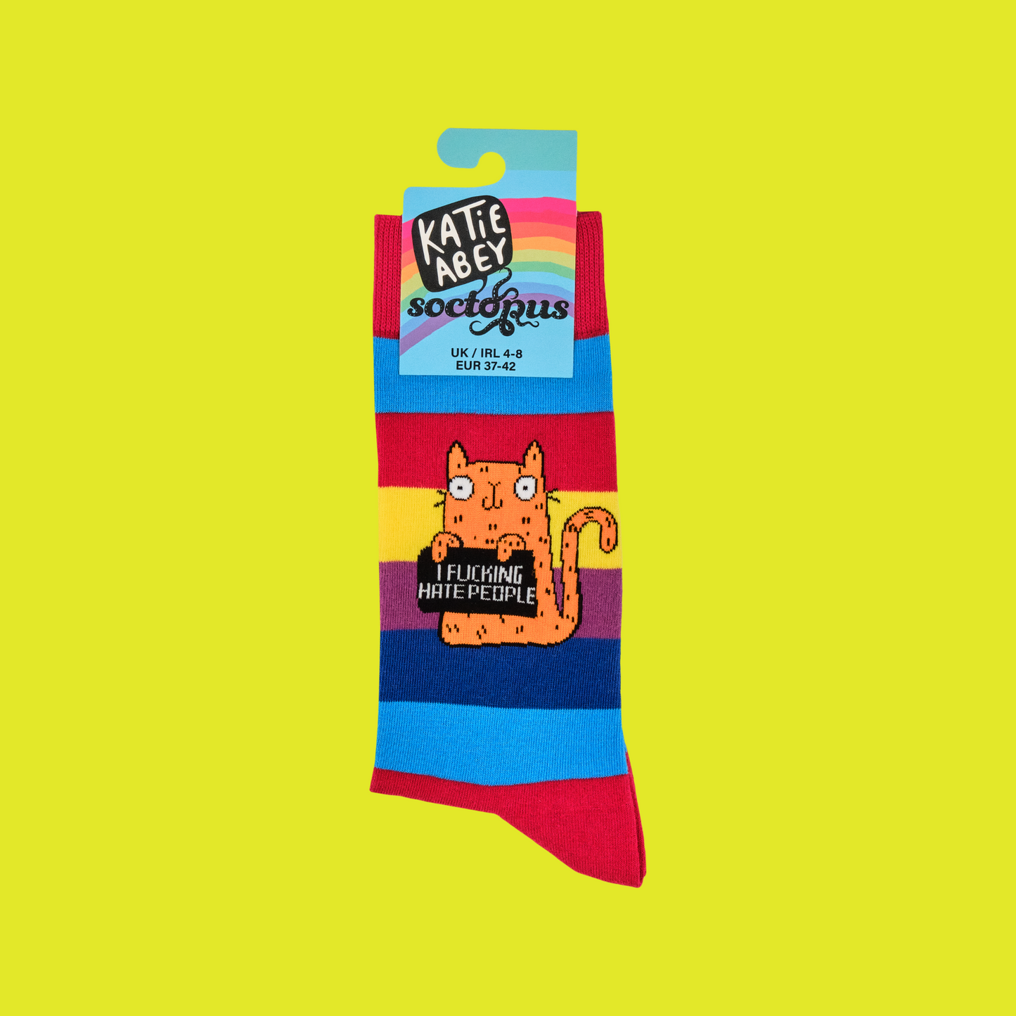 A pair of socks featuring a cute cat holding a sweary sign. Rainbow striped legs.
