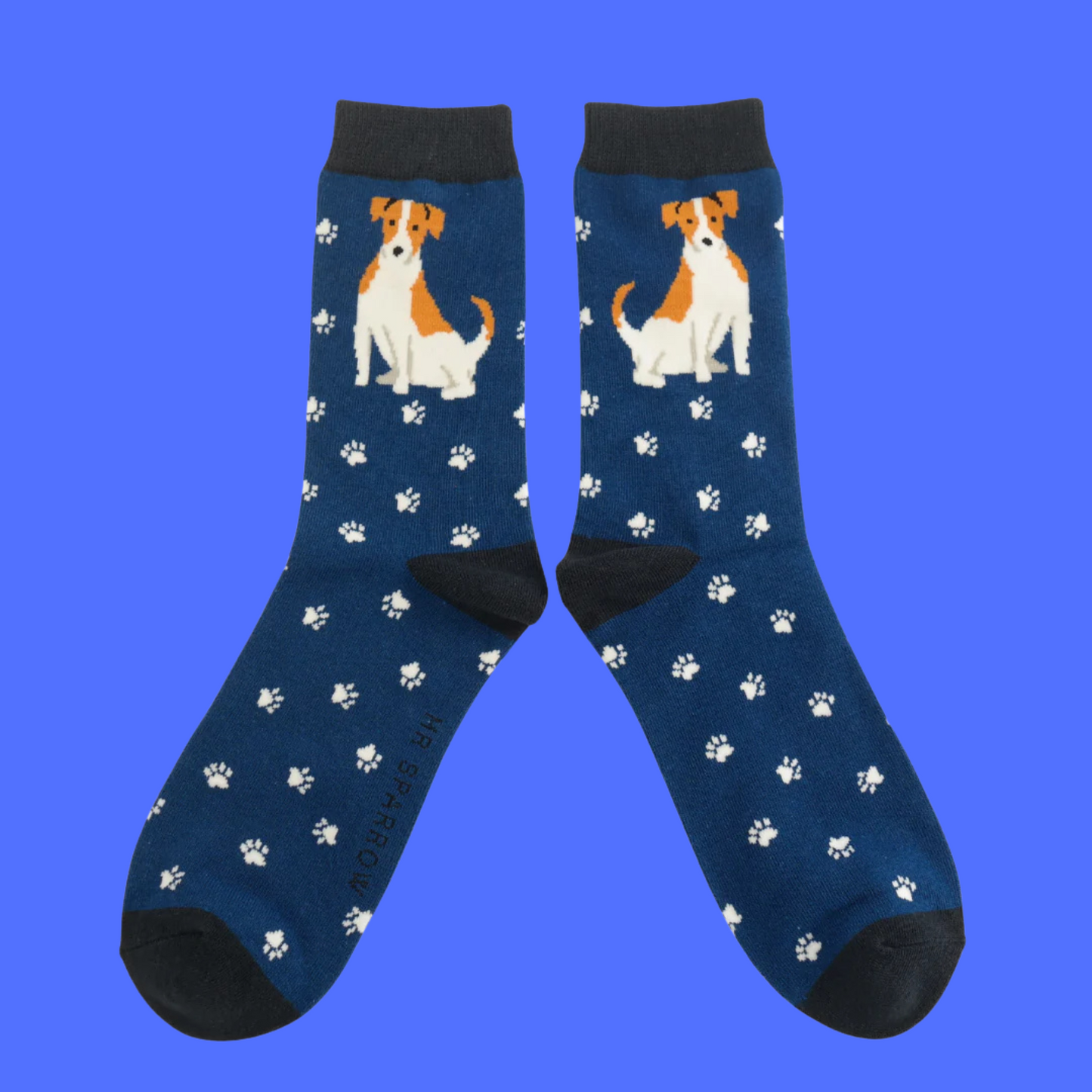 A pair of socks featuring a cute jack russell. Navy legs, dark blue heel, toe and cuff.