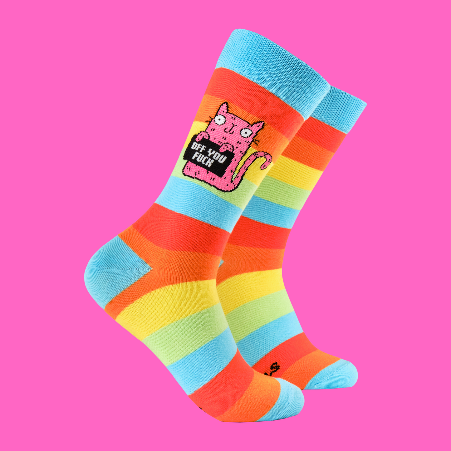 A pair of socks featuring a cute cat holding a sweary sign. Rainbow legs.