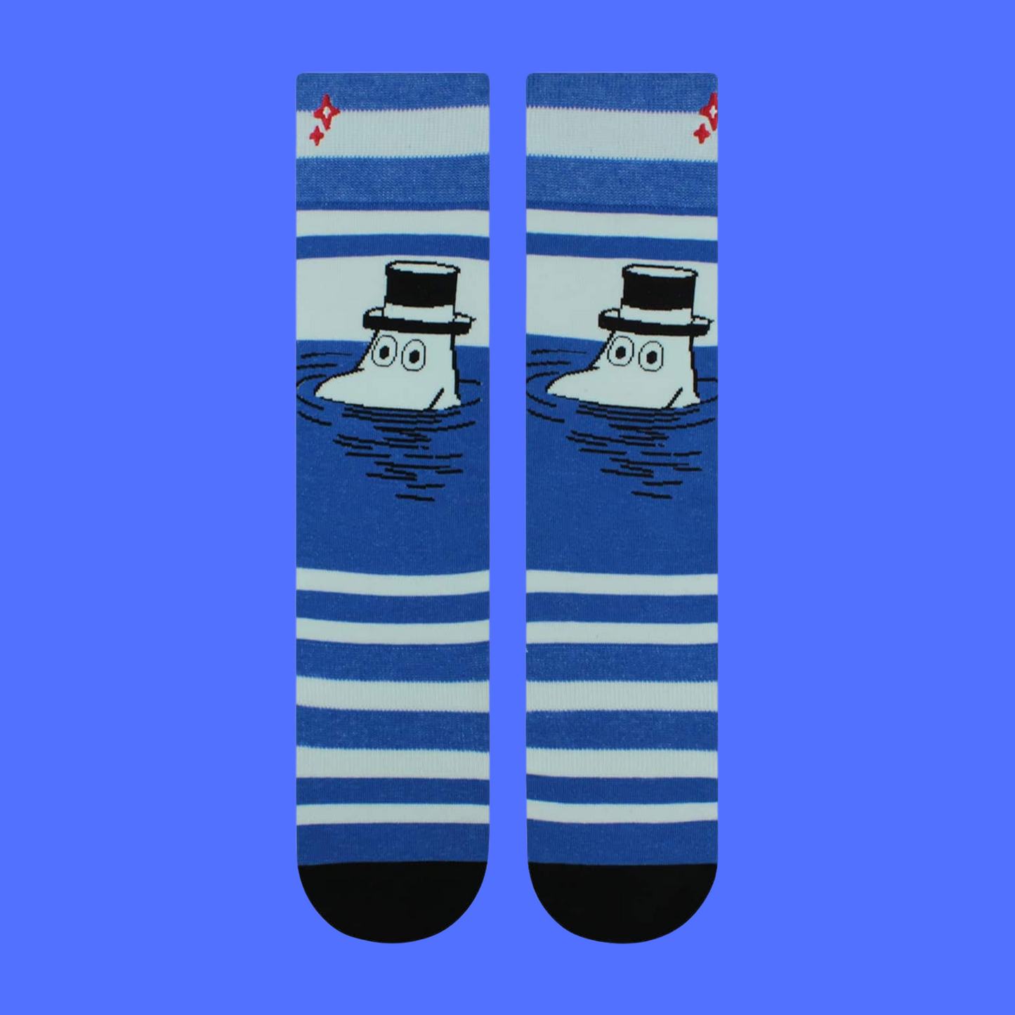 Moomin Papa Stripe Socks. A pair of socks featuring the iconic Moomin Papa. Blue stripes and black details.