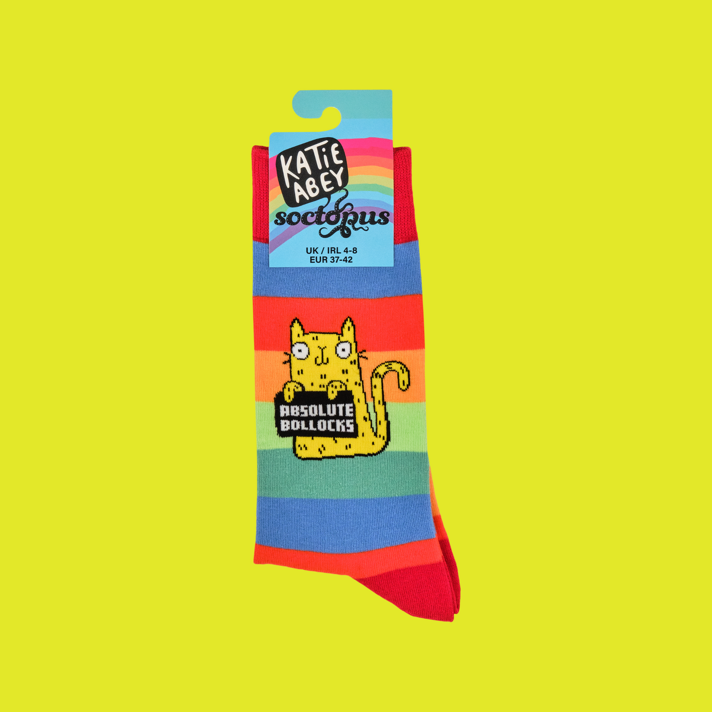 A pair of socks depicting a cute cat holding a sweary sign. Rainbow striped legs.