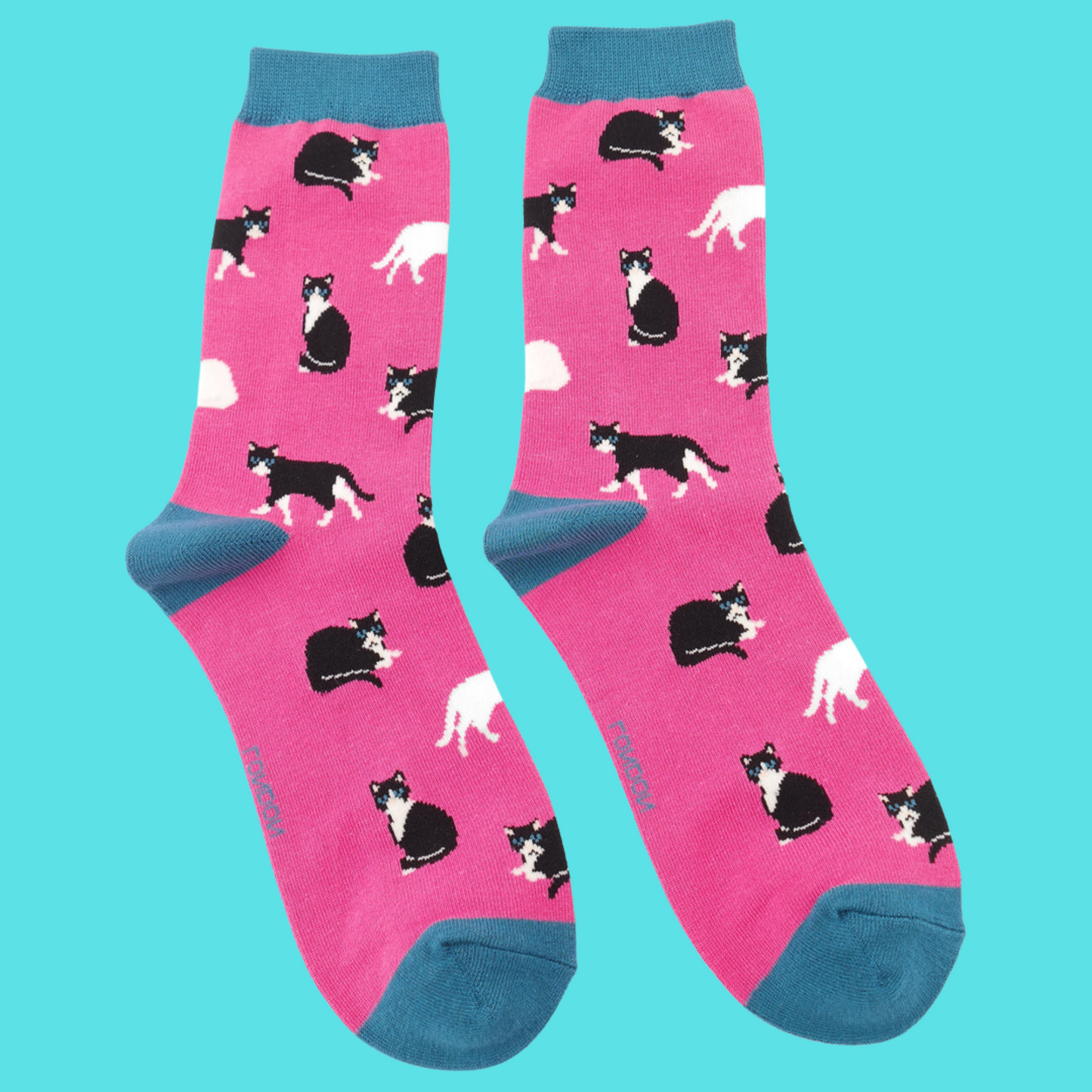 A pair of socks featuring black and white cats. Pink legs, blue heel, toe and cuff.