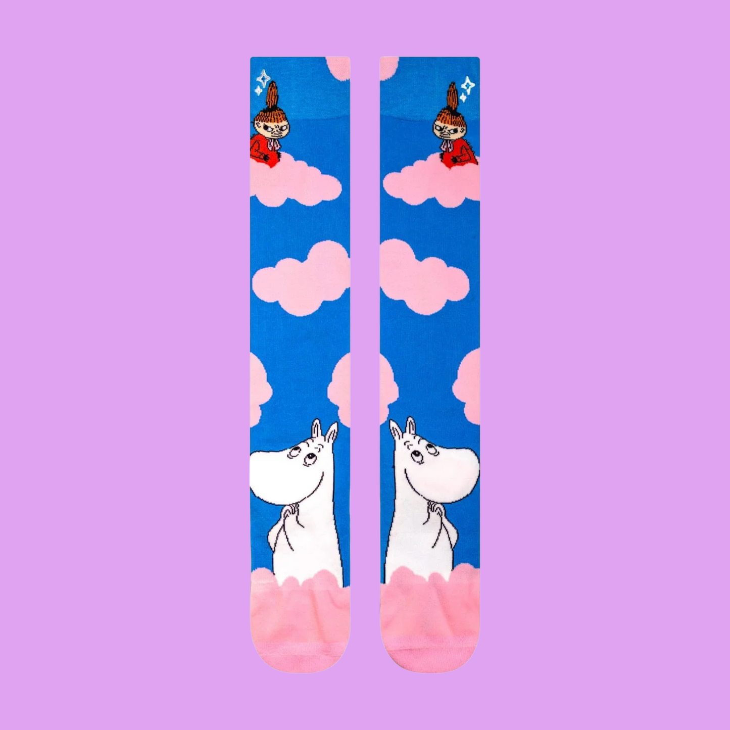 Moomin Clouds Knee-High Socks. A pair of knee high socks with a fun design featuring Moomins on clouds.