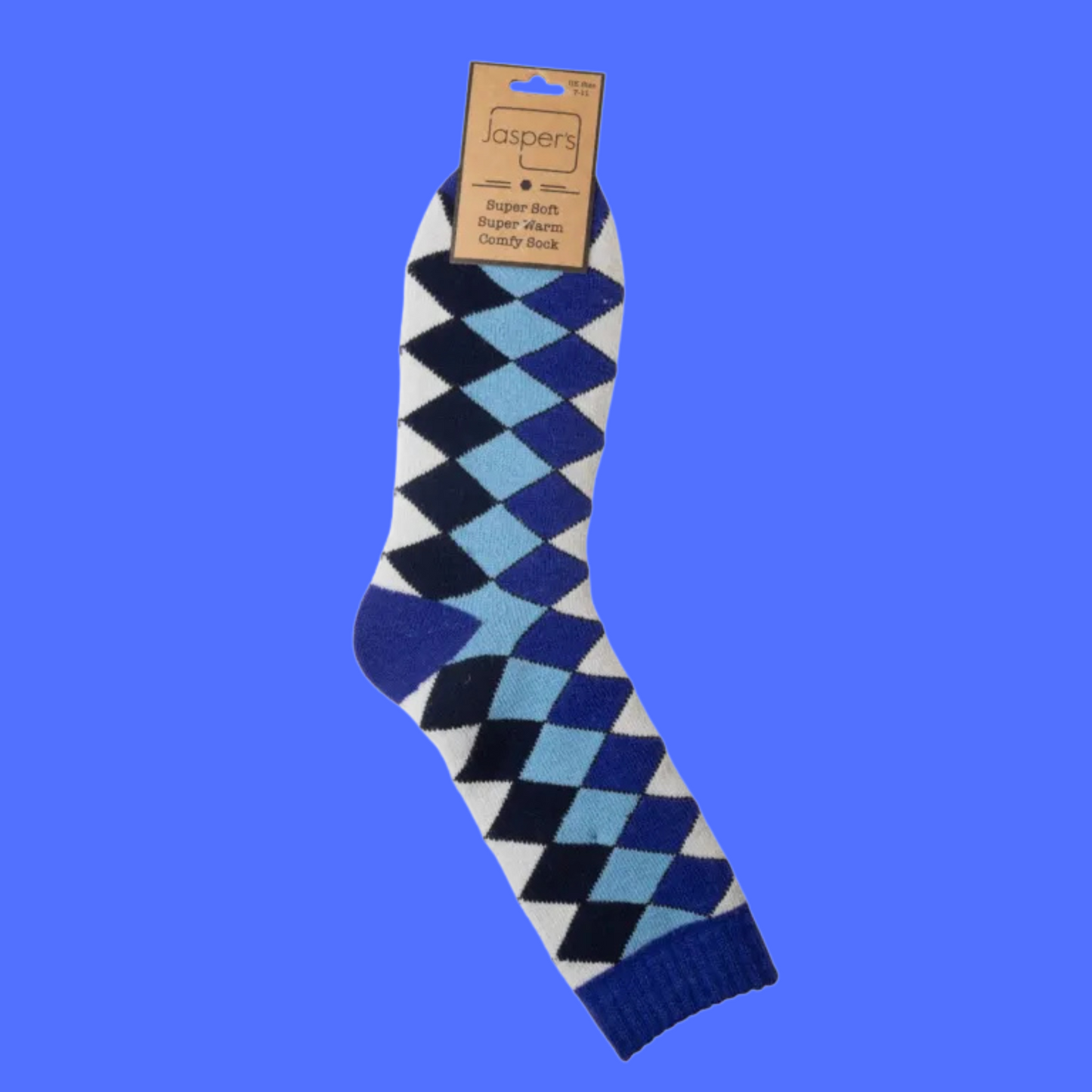 Blue and black argyle patterned sock with a brand tag on a blue background
