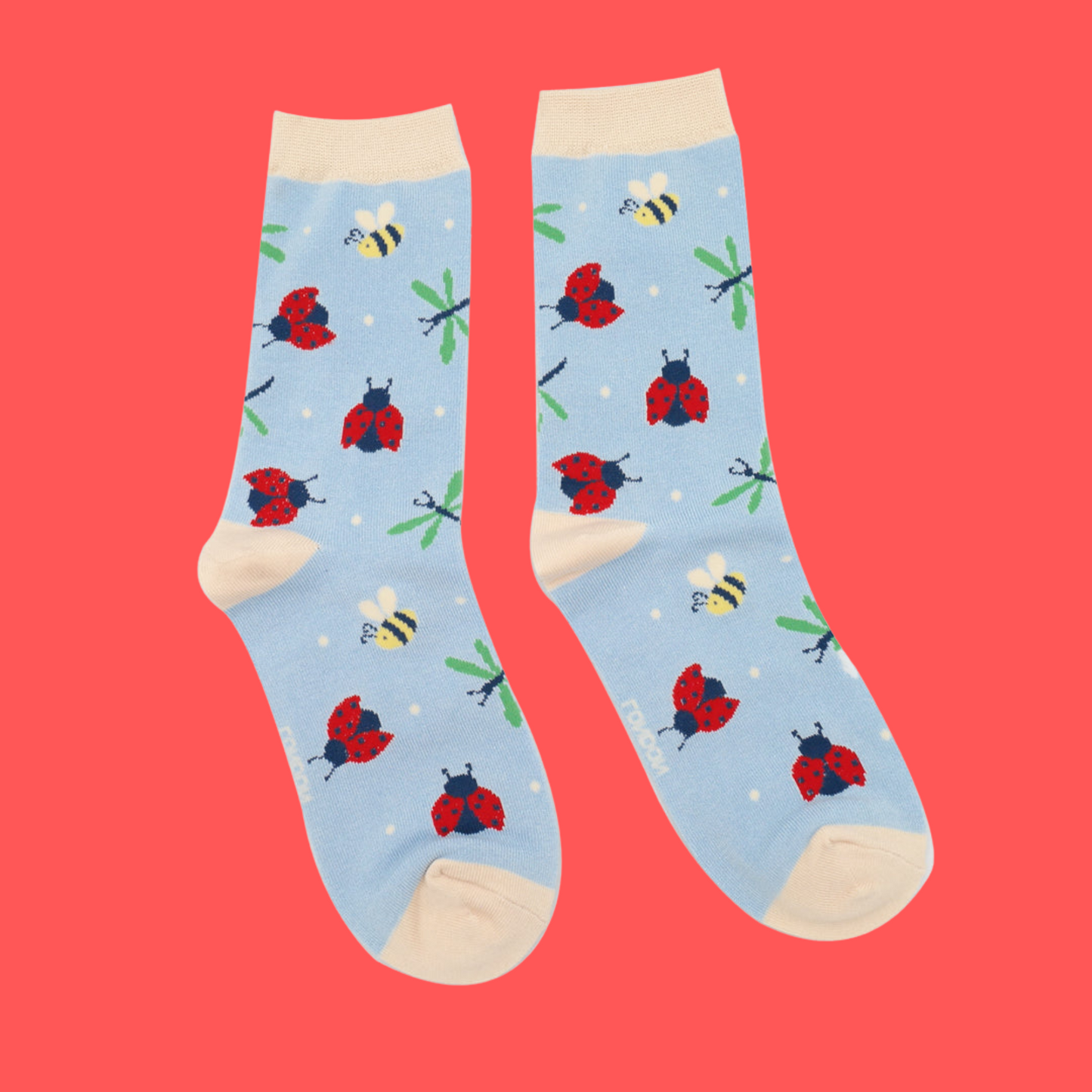 Love Bugs Bamboo Socks - Miss Sparrow. A pair of socks with a bugs motif. Blue legs, yellow heel, toe and cuff.