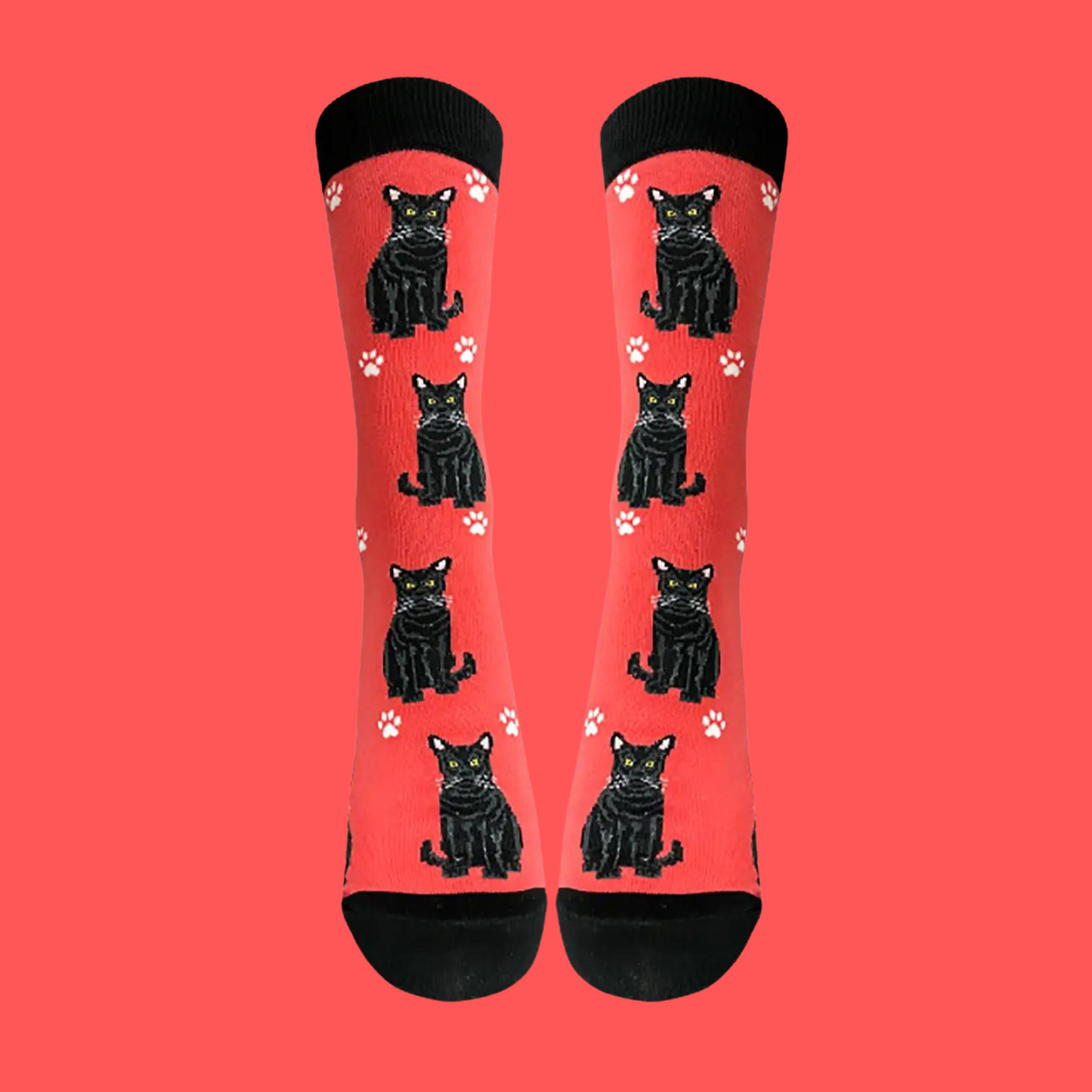 A pair of socks featuring black cats. Red legs, black heel, toe and cuff.