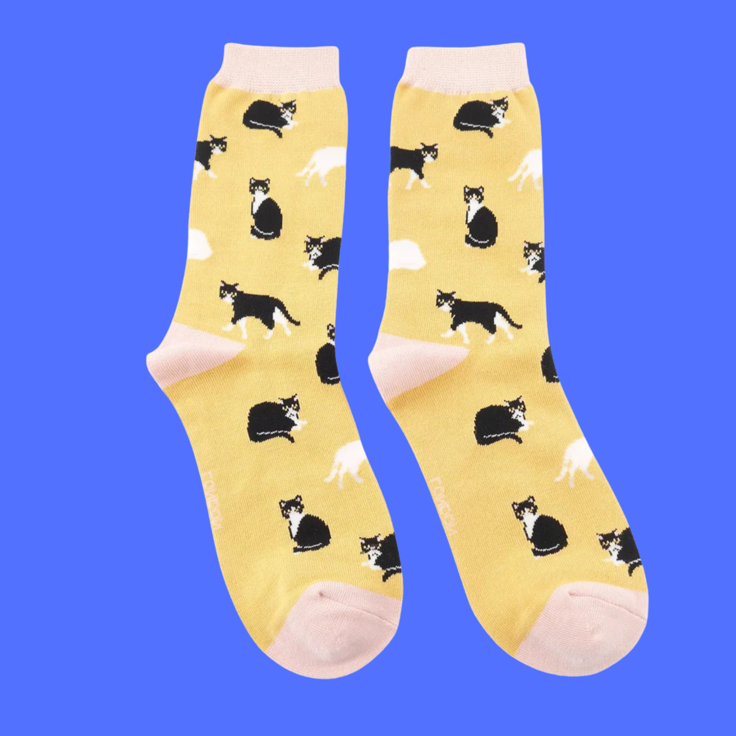 A pair of socks featuring black and white cats. Yellow legs, cream heel, toe and cuff.