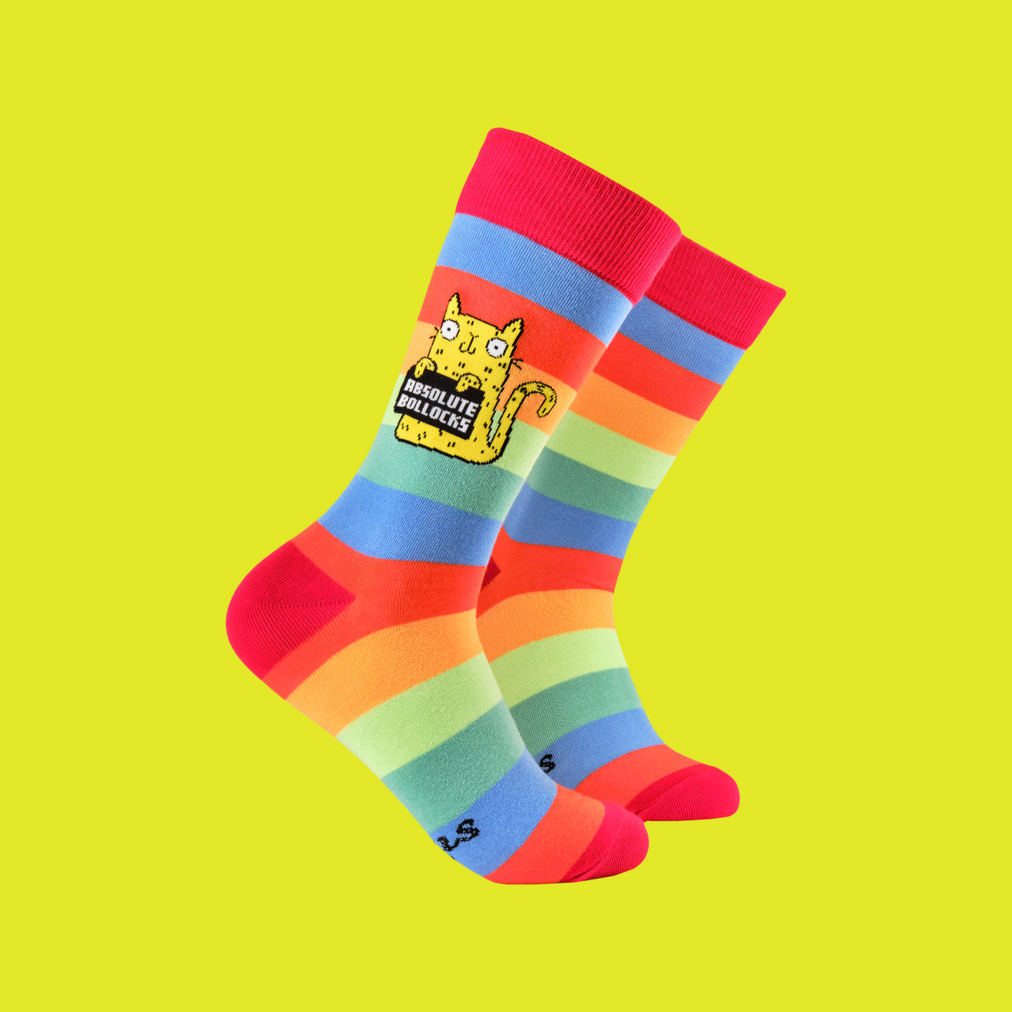 A pair of socks depicting a cute cat holding a sweary sign. Rainbow striped legs.