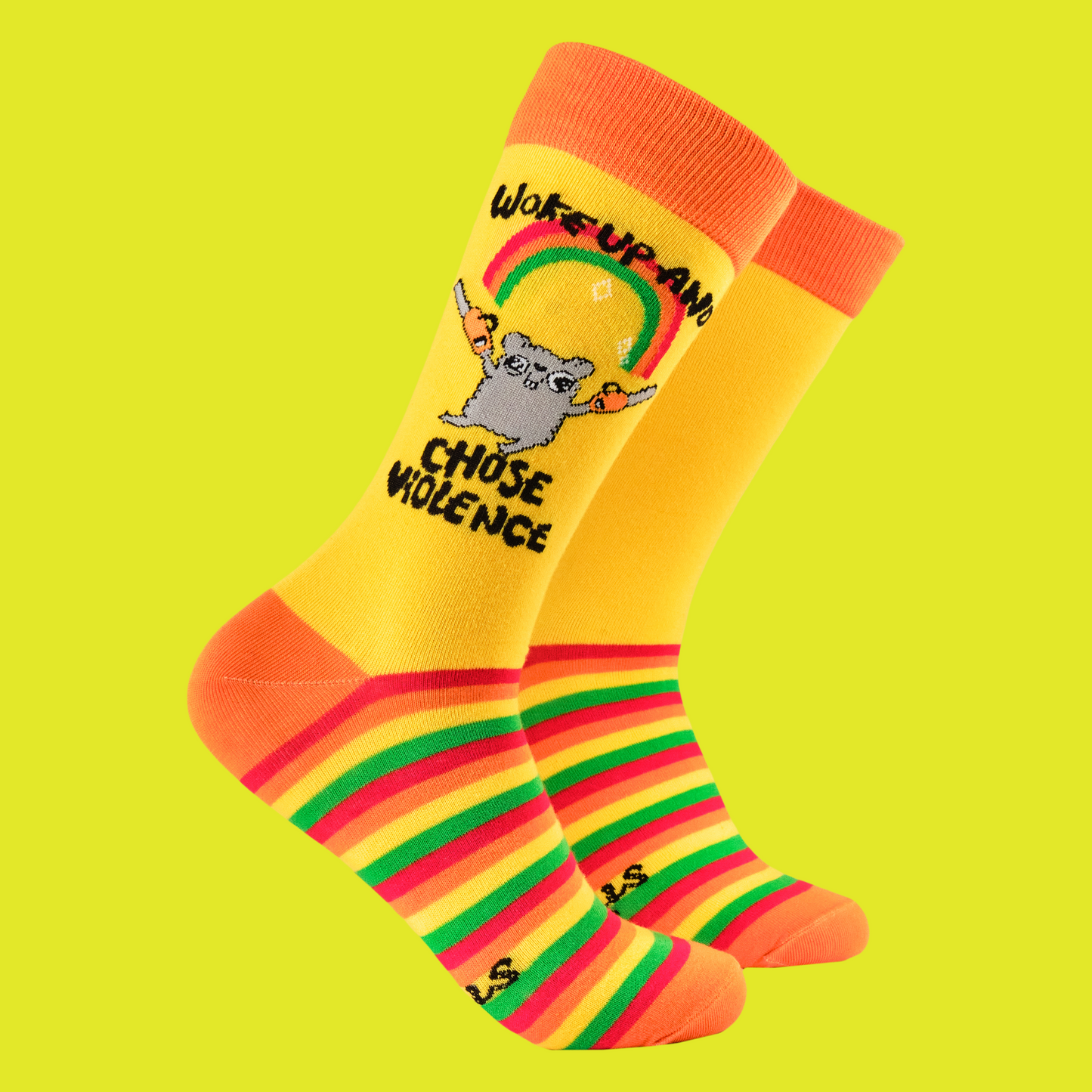 A pair of socks depicting a mouse holding chainsaws with the slogan 'woke up and chose violence'. Yellow striped legs, orange toe cuff and heel.