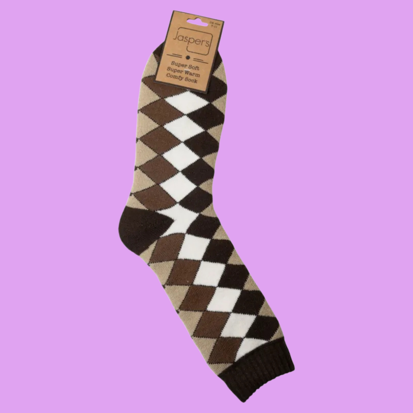 Argyle pattern sock with Jasper's label on a pink background