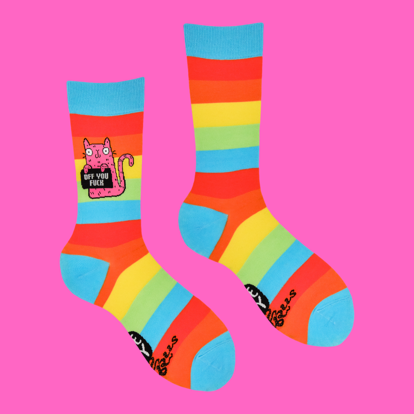 A pair of socks featuring a cute cat holding a sweary sign. Rainbow legs.