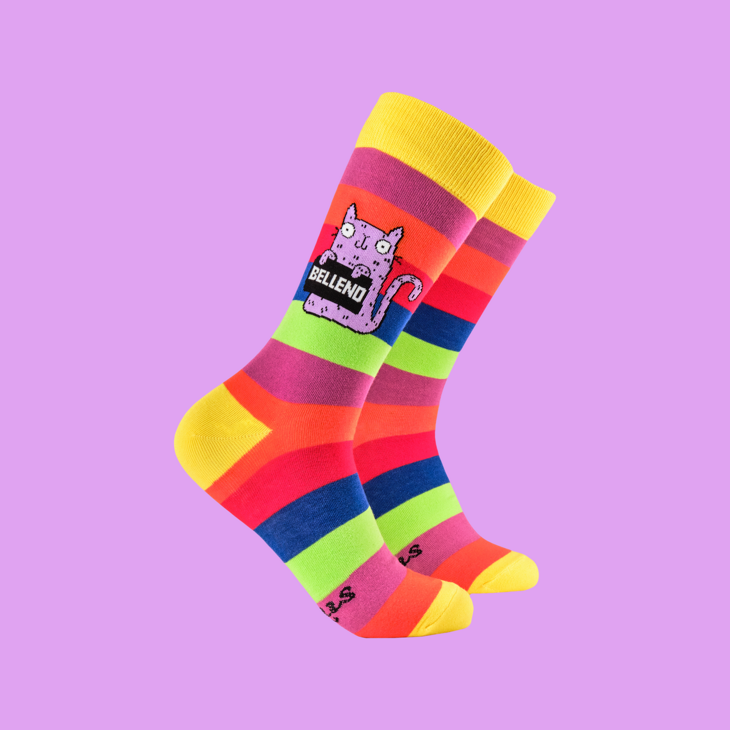 A pair of socks designed by artist Katy Abey,  featuring a cat holding a sign that says Bellend.