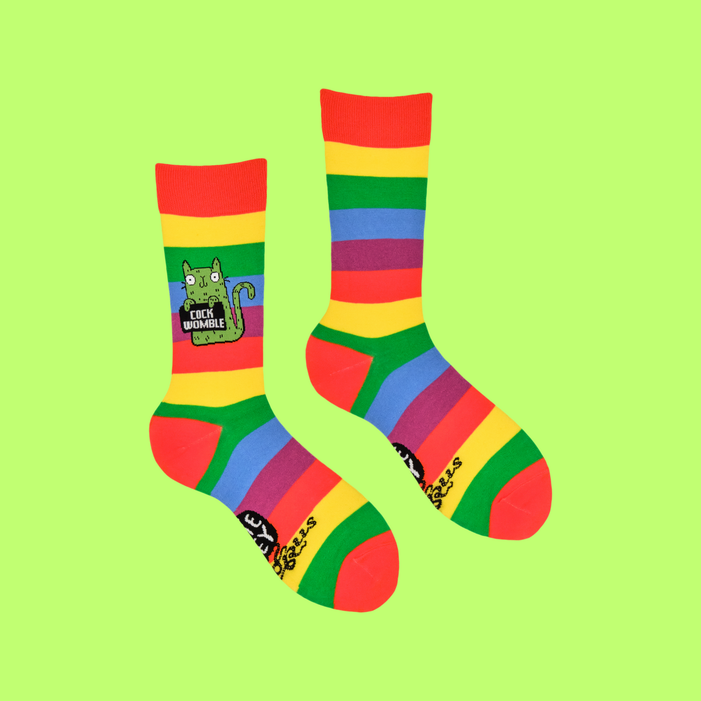 A pair of socks featuring a cute cat holding a sweary sign. Rainbow striped legs.