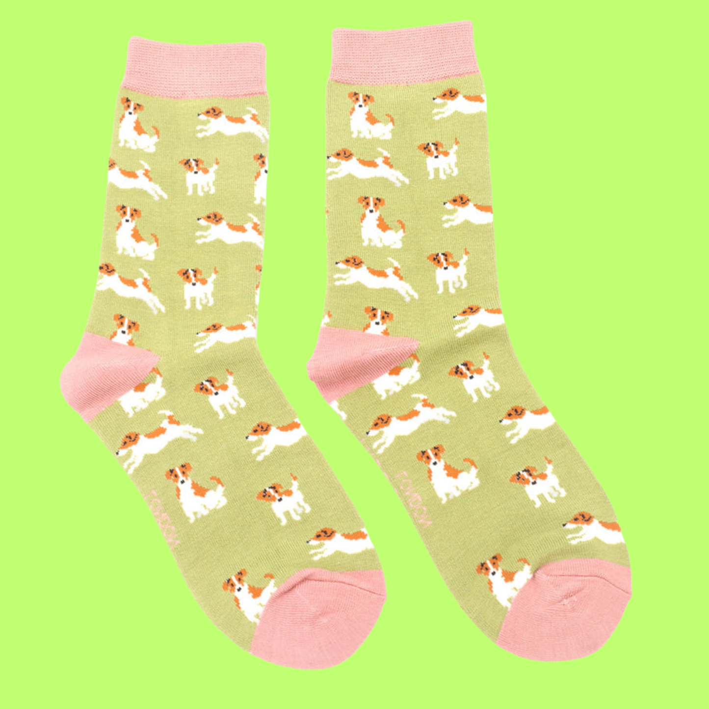 A pair of socks featuring a jack russell motif. Yellow legs, pink heel, toe and cuff.
