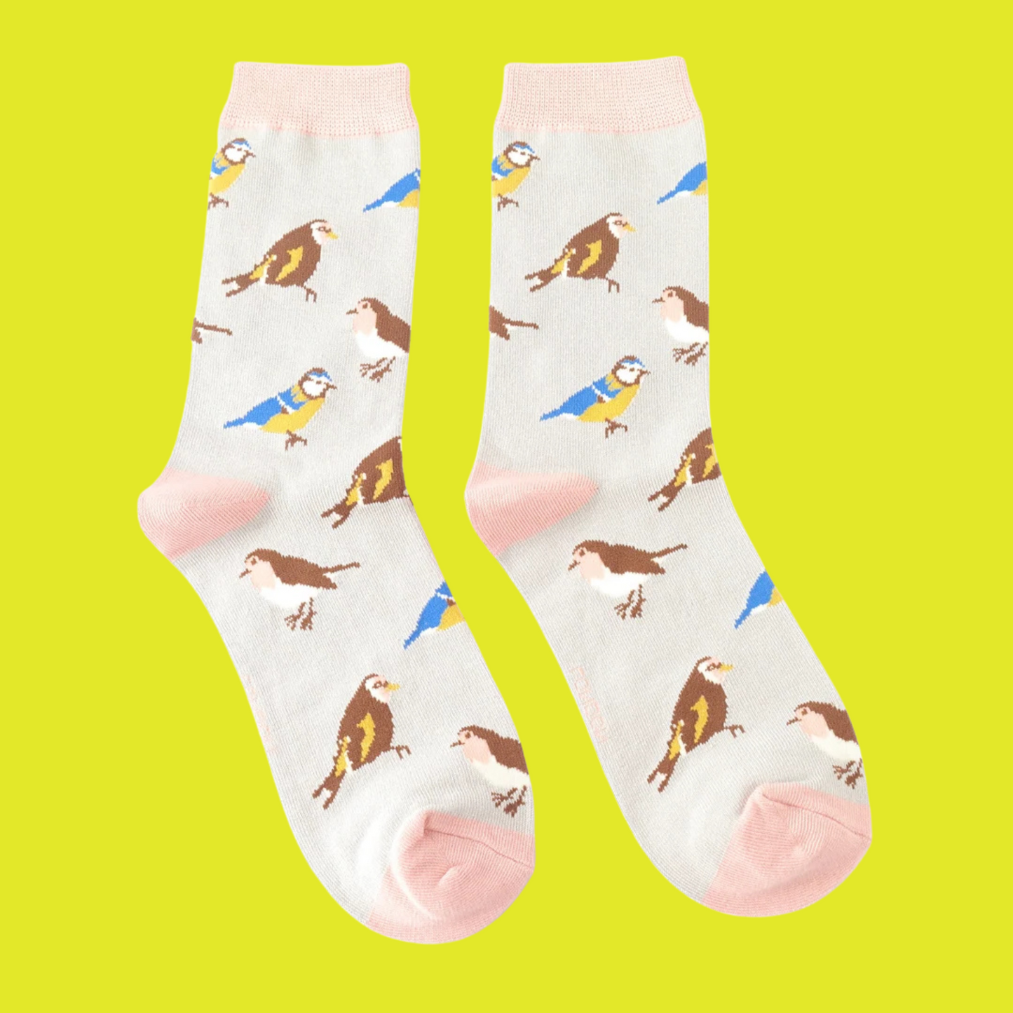 Garden Birds Bamboo Socks - Miss Sparrow. A pair of socks with a fun bird motif. Grey legs, pink heel, toe and cuff.