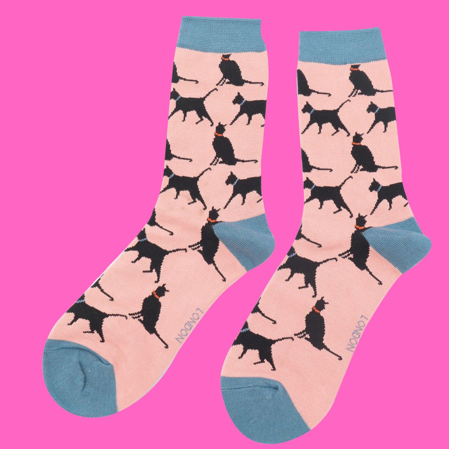 A pair of socks depicting lucky black cats. Pink legs, blue heel, toe and cuff.