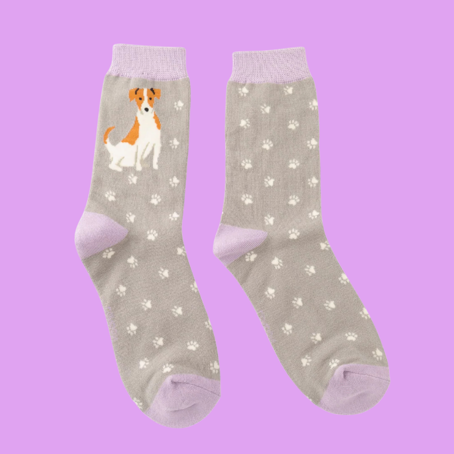 A pair of socks featuring a cute jack russell. Grey legs, pink heel, toe and cuff.