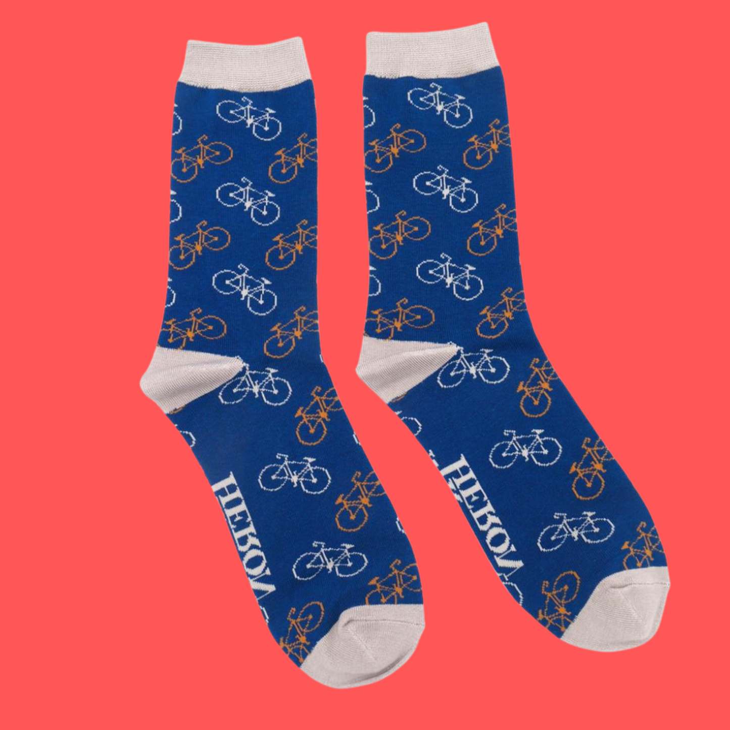 A pair of socks depicting bicycles. Blue legs, grey heel, cuff and toes.