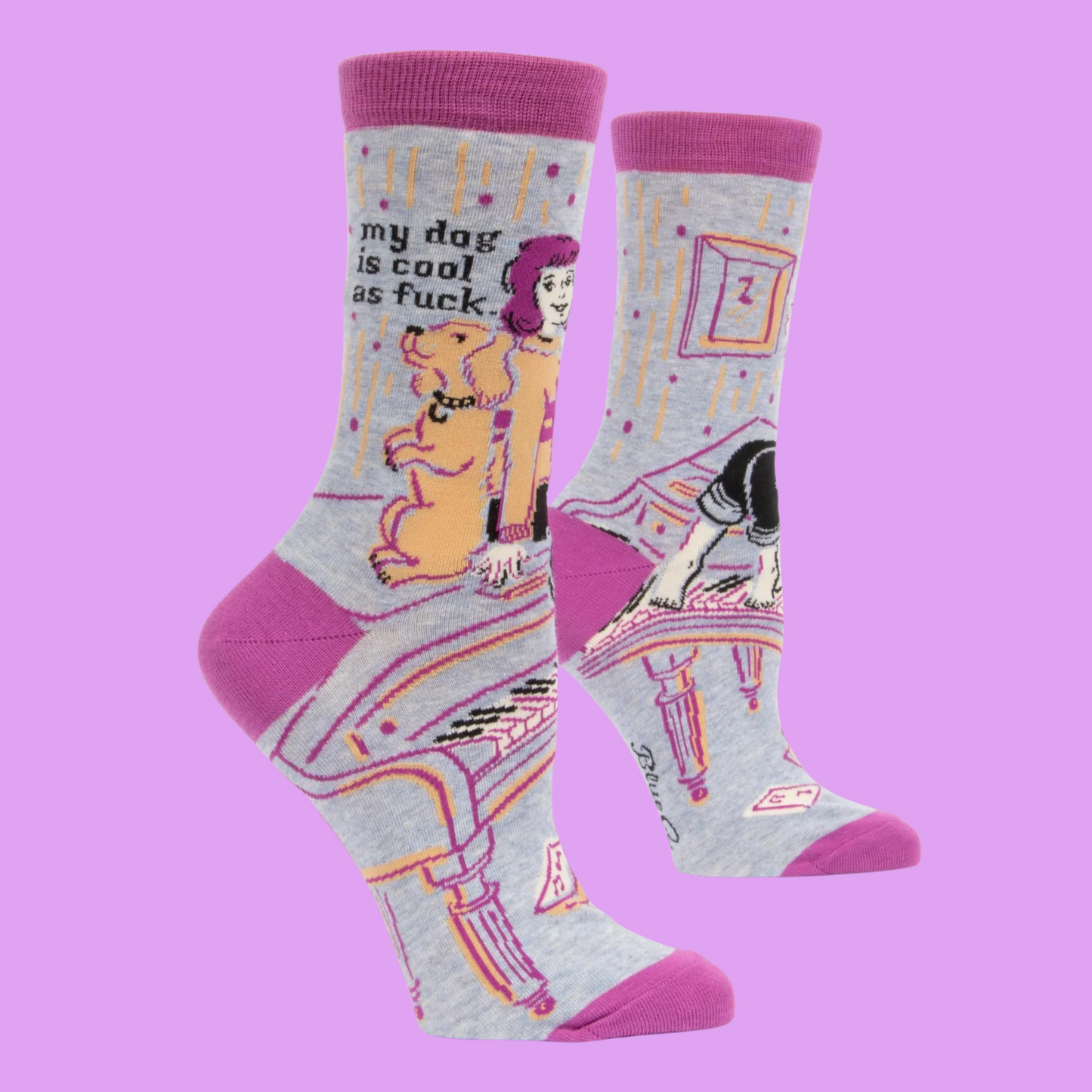 A pair of socks with a really cool dog. Grey legs, pink heel, toe and cuff.