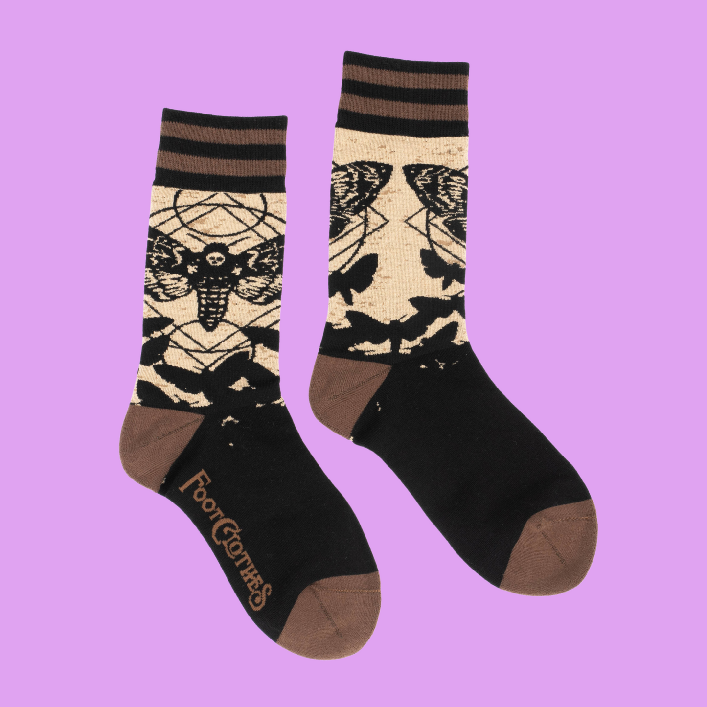 A pair of socks featuring the death's head hawk moth. Black legs, brown heel, toe and cuff.
