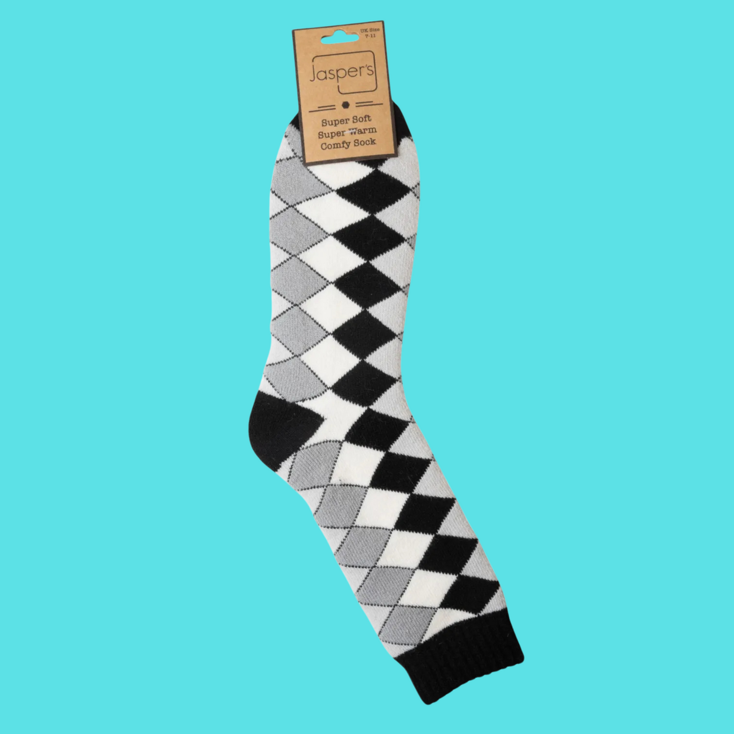 Checkered sock with a brand label on a turquoise background