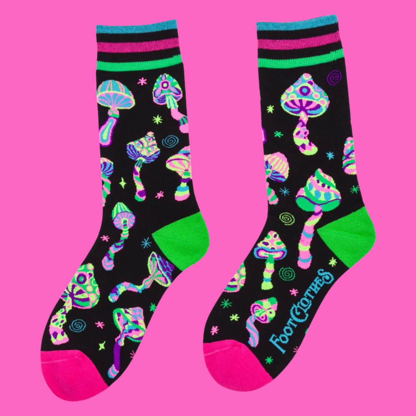 Funky Fungi Crew Socks. A pair of socks featuring glow in the dark mushrooms.