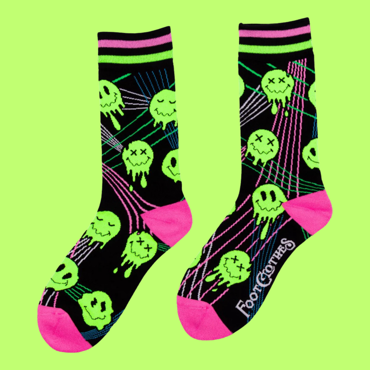 Laser Bass Face Melt Supreme Socks. A pair of socks featuring glow in the dark melting smiley faces.