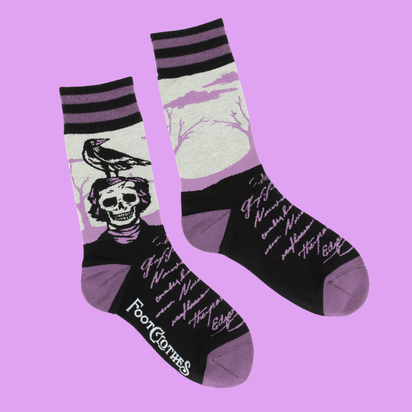 A pair of socks depicting a skeleton Edgar Allan Poe with a raven. Purple toes, heel and cuff.