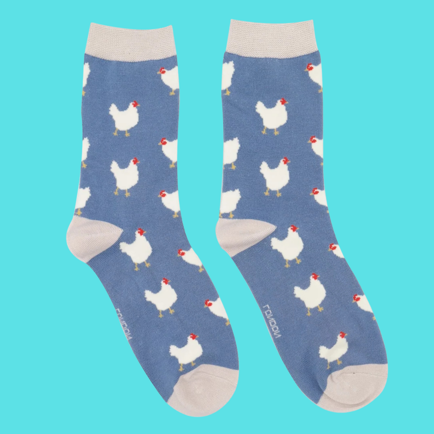 A pair of socks featuring hens. Blue legs, grey heel, toe and cuff.