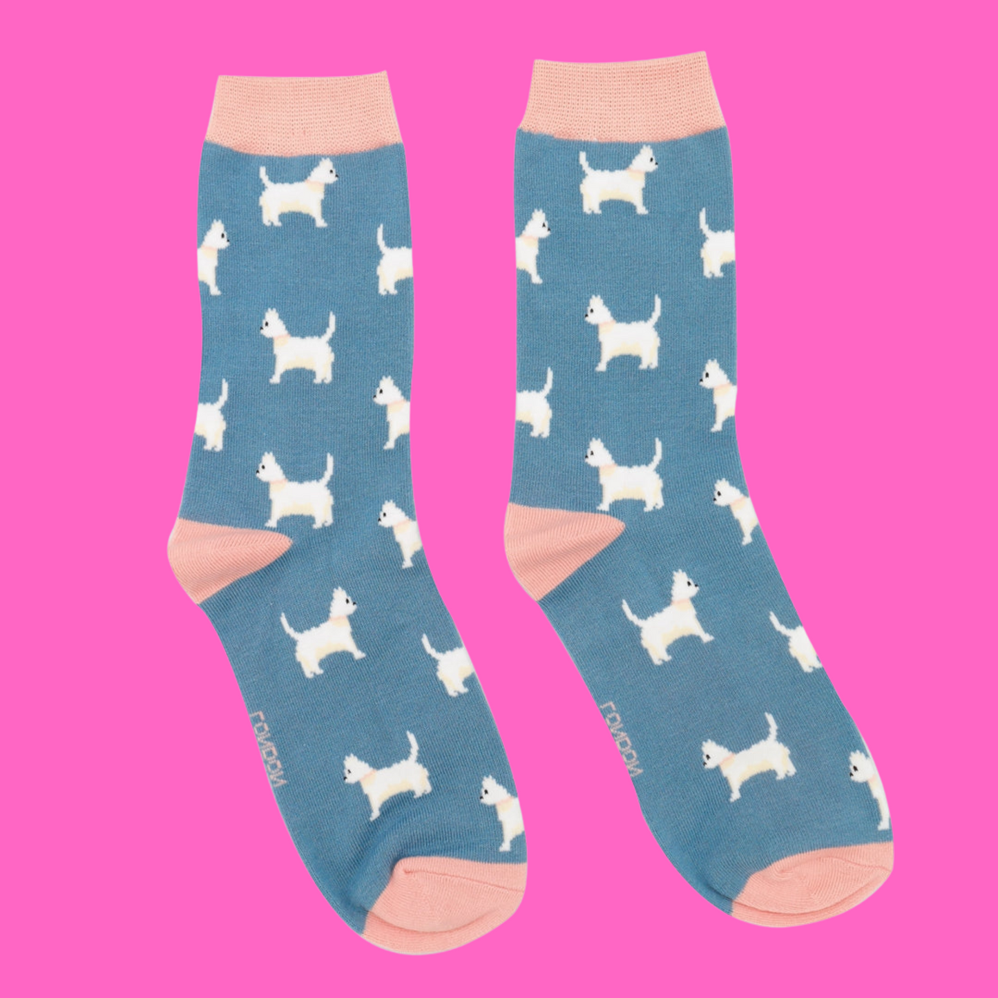 A pair of socks featuring cute scottie dogs. Blue legs, pink heel, toe and cuff.