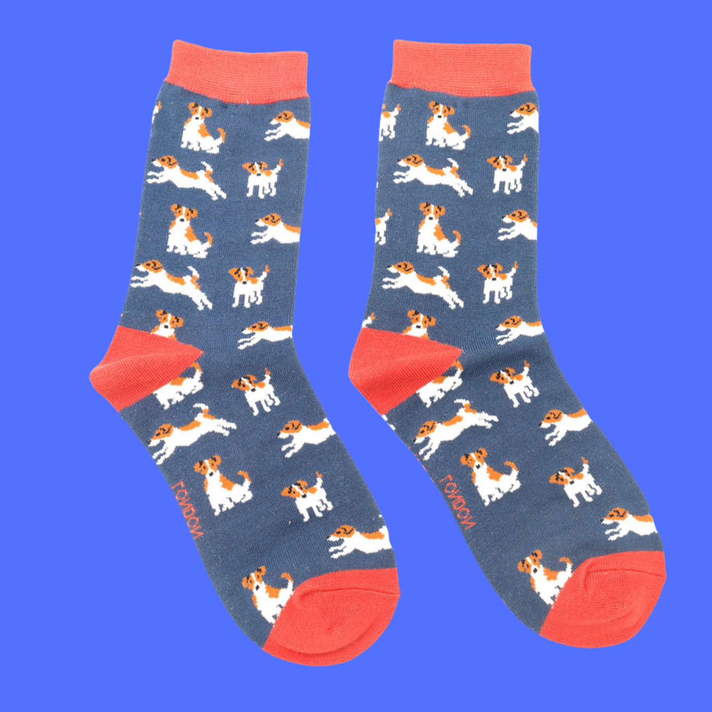 A pair of socks featuring a jack russell motif. Dark blue legs, orange heel, toe and cuff.