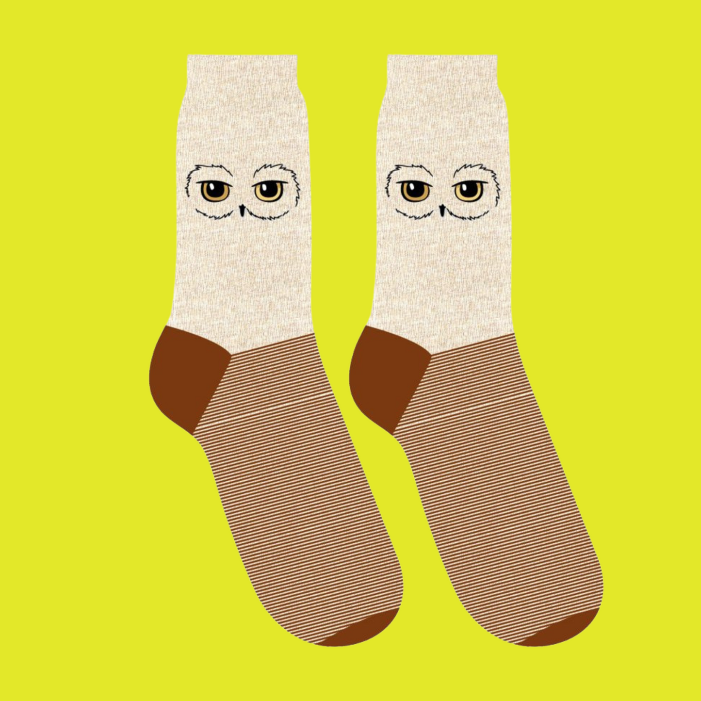 Harry Potter Hedwig Socks. A pair of socks with a Hedwig motif. Brown details and cute owl eyes.