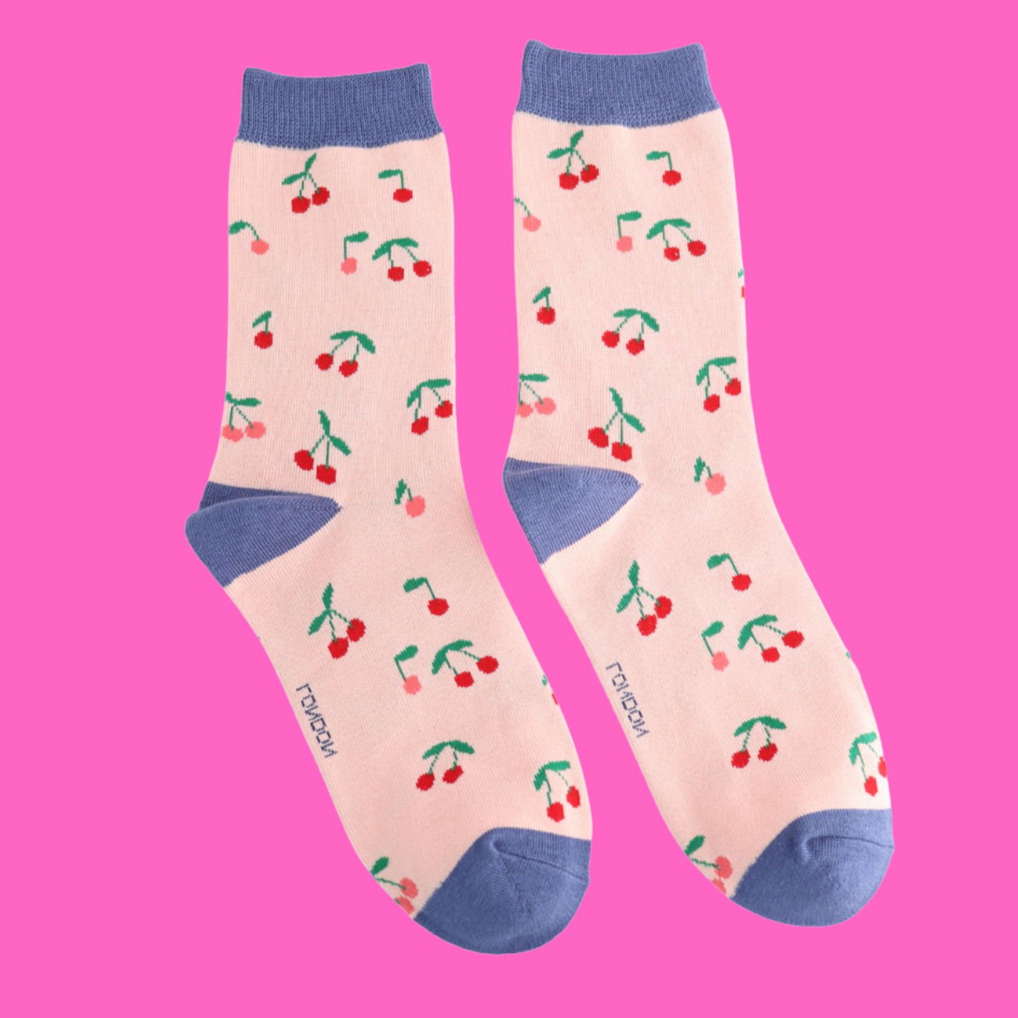 Mini Cherries Bamboo Socks - Miss Sparrow. A pair of socks with a cherry pattern. Pink legs, blue heel, toe and cuff.