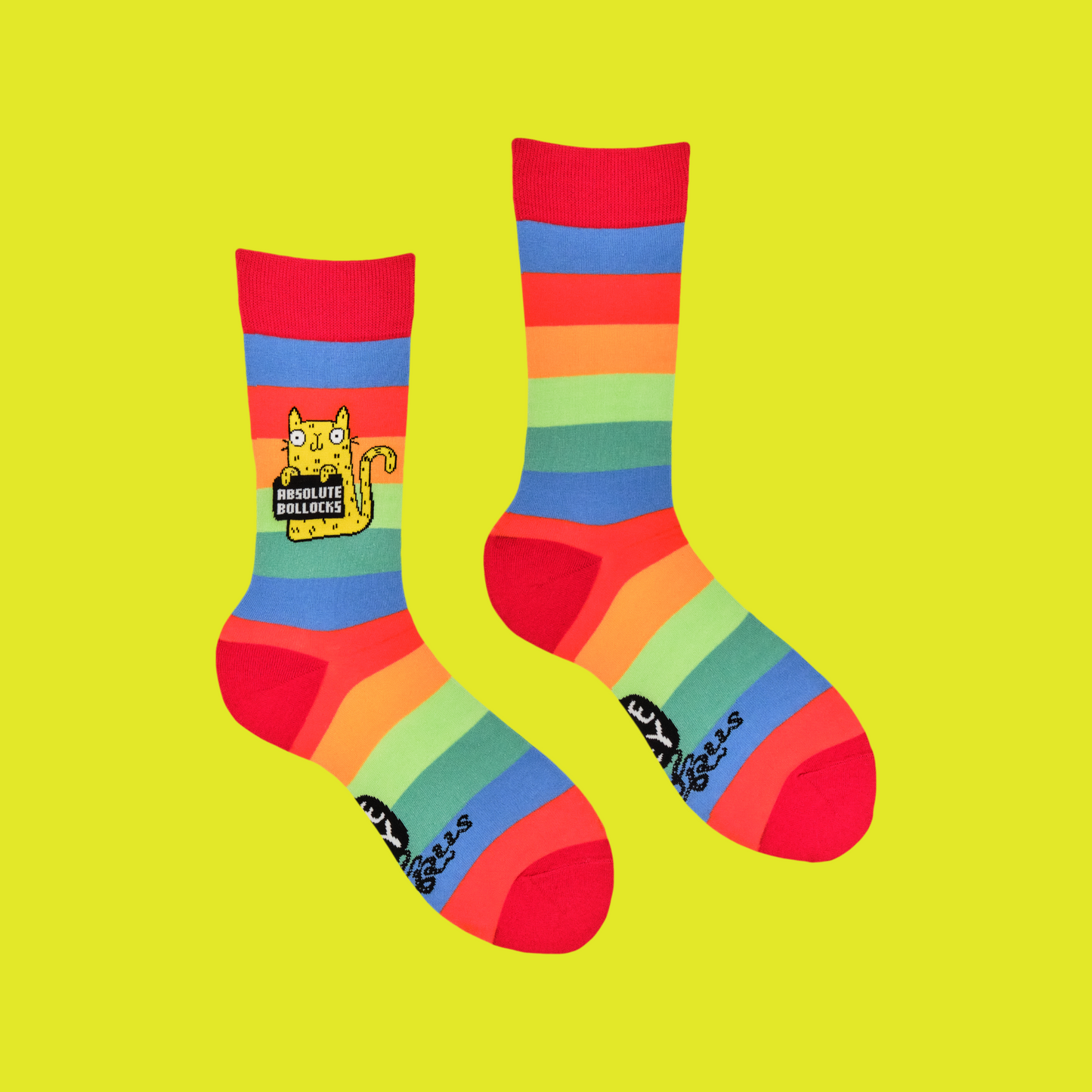 A pair of socks depicting a cute cat holding a sweary sign. Rainbow striped legs.
