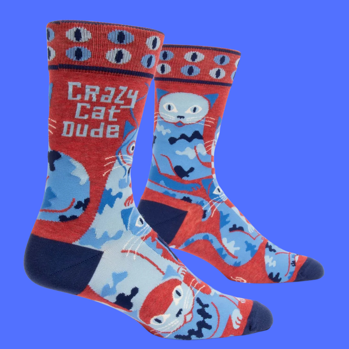 A pair of socks depicting a crazy sock dude. Red legs, blue, heel, toe and cuff.