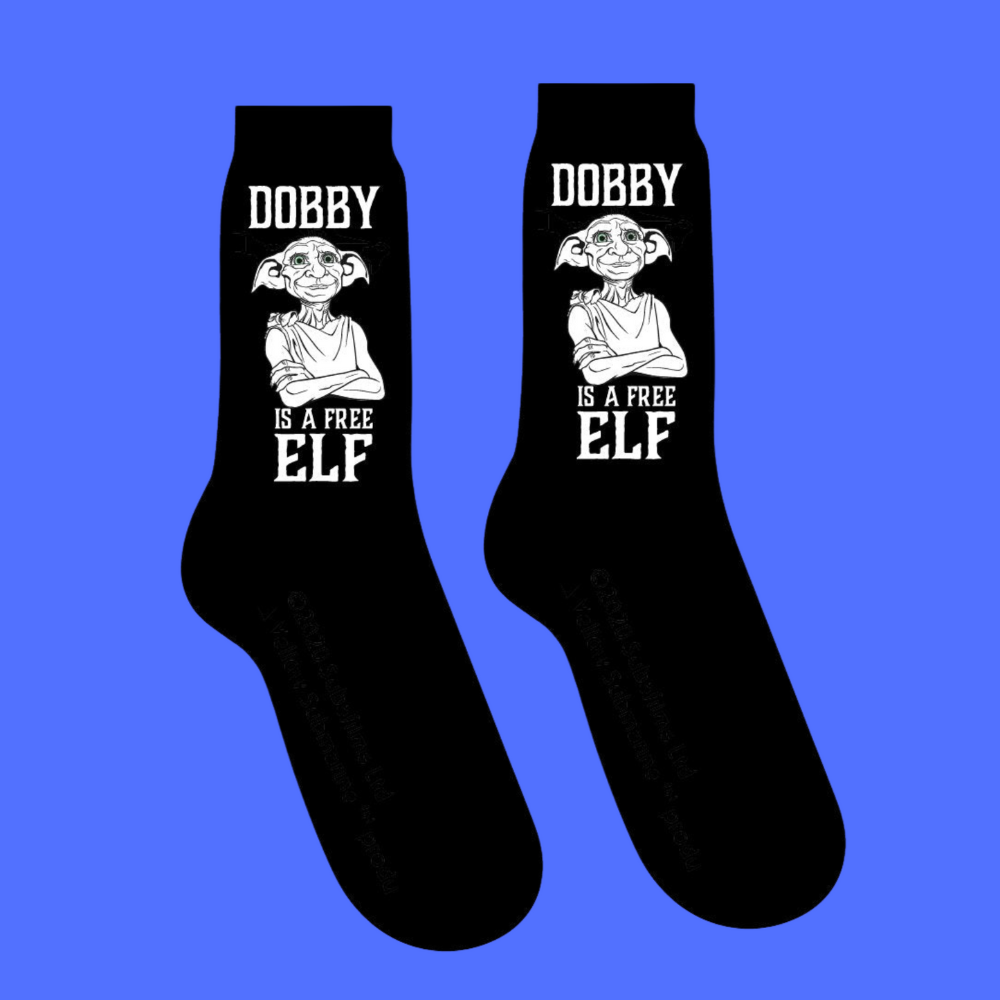 Harry Potter Dobby is Free Socks. A pair of socks celebrating Dobby being giving a sock. Black and white.
