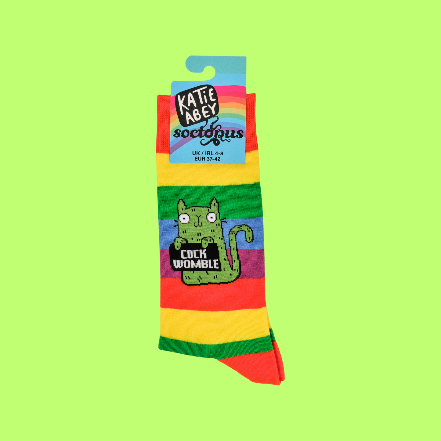 A pair of socks featuring a cute cat holding a sweary sign. Rainbow striped legs.