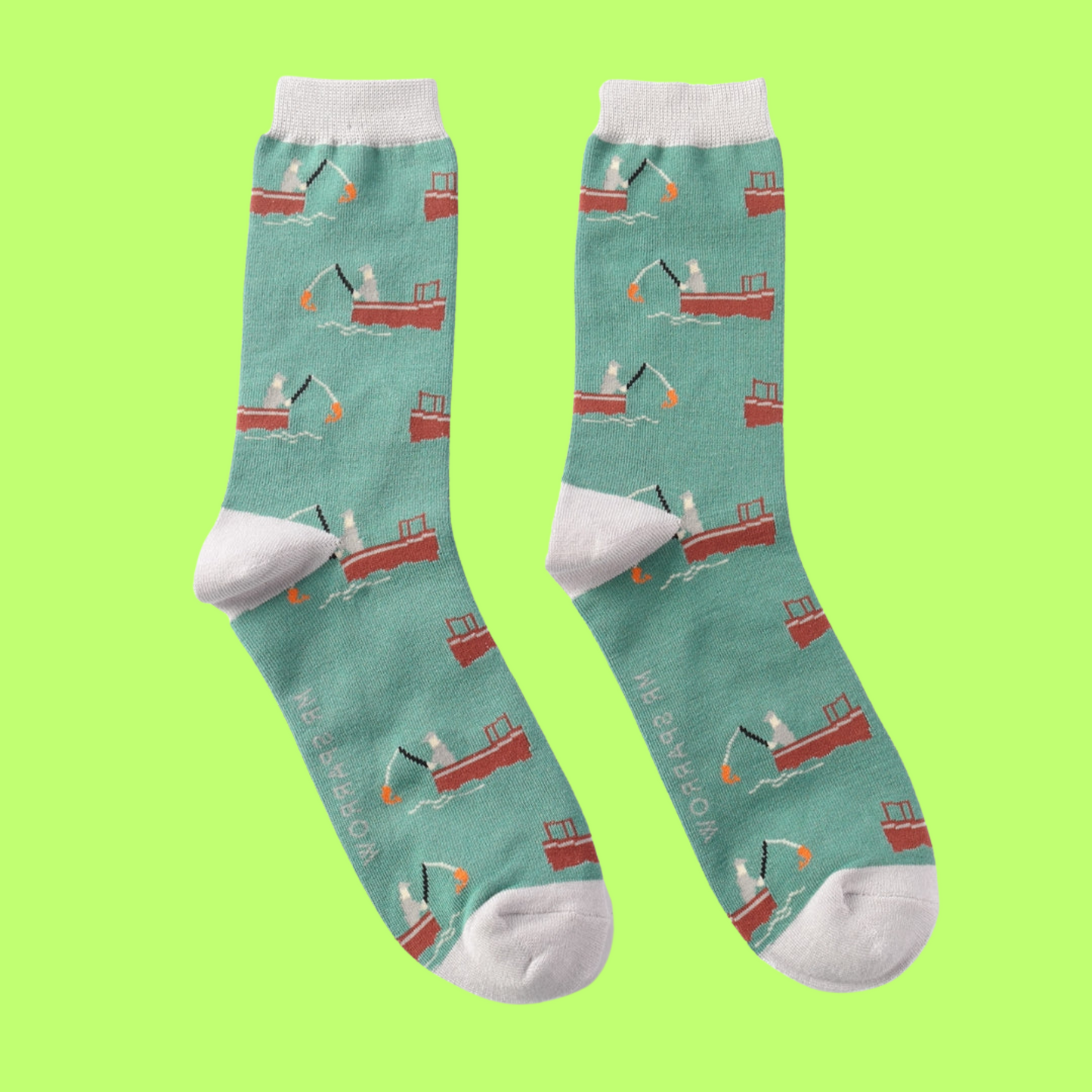 Gone Fishing Bamboo Socks - Miss Sparrow. A pair of socks with a fishing boat motif. Green legs, grey heel, toe and cuff.