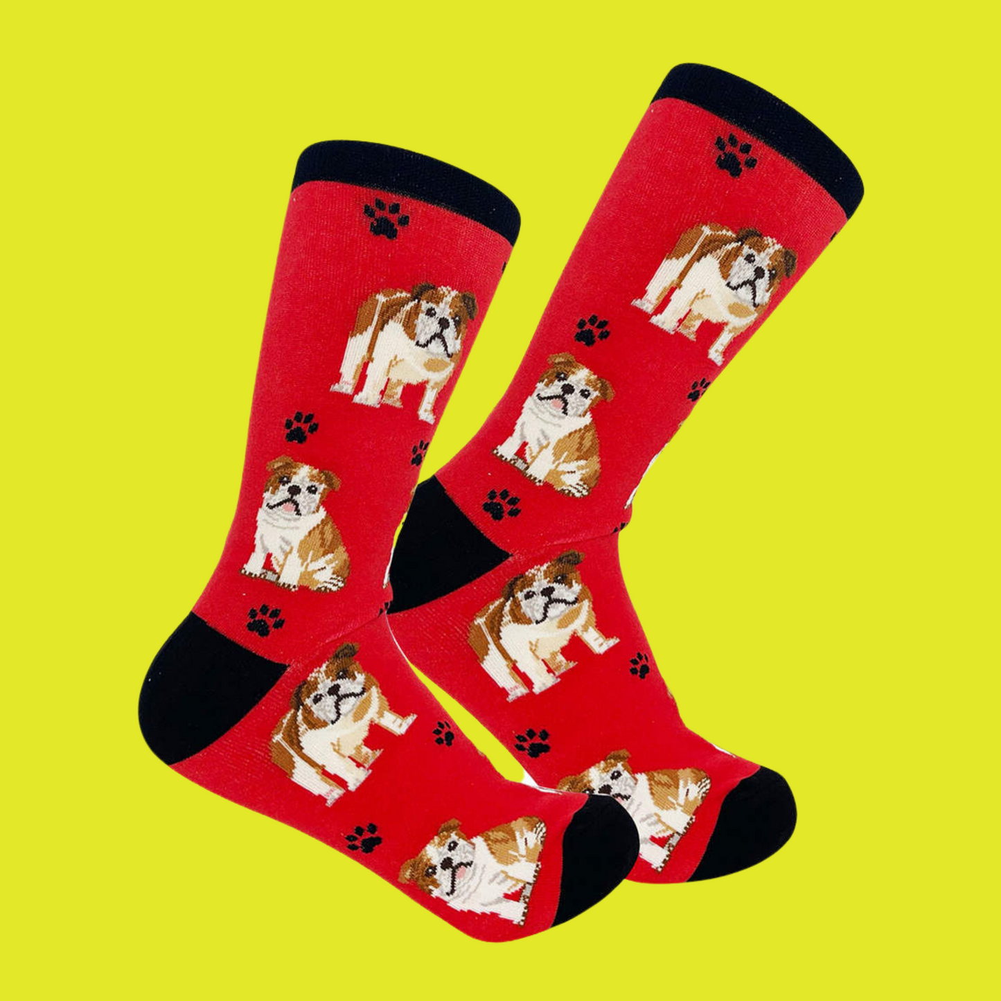 A pair of socks depicting bulldogs. Red legs, black heel, toe and cuff.