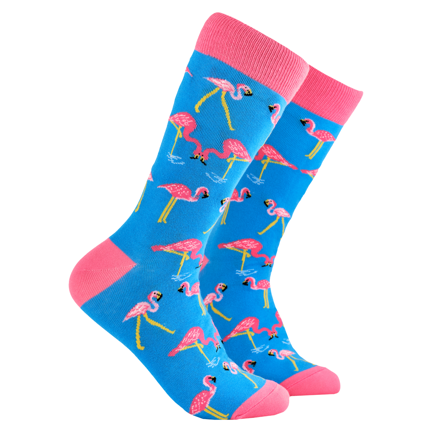 Flamingo Socks - One Legged Wonder. A pair of socks depicting flamingos. Light blue legs, pink cuff, heel and toe.