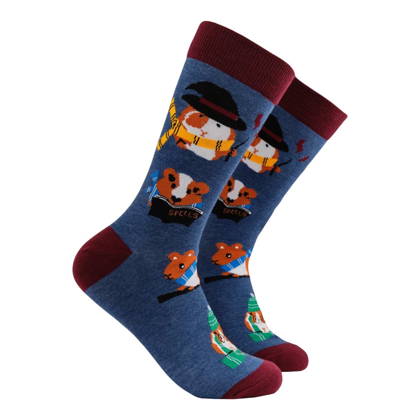 Guinea Pig Harry Potter Socks - Pigardium Leviosa. A pair of socks featuring magical piggies. Blue legs, brown heel, toe and cuff.
