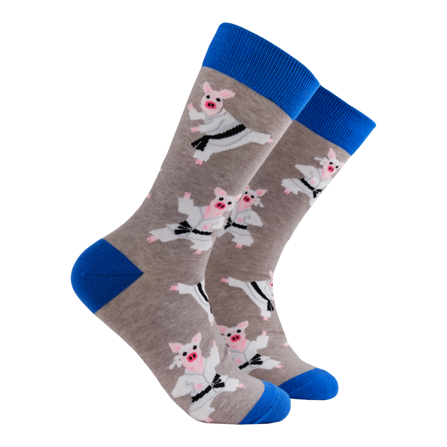 Karate Pig Socks - Pork Chop. A pair of socks featuring pigs in karate gear. Grey legs, blue heel, toe and cuff.