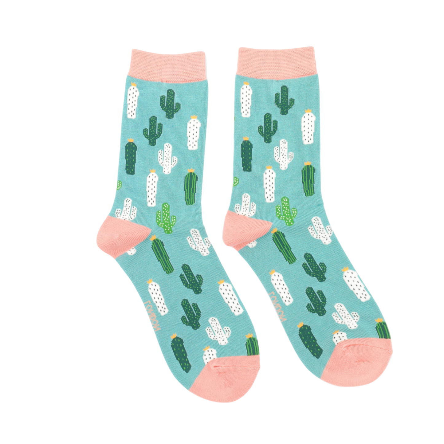 Prickly Pair Bamboo Socks - Miss Sparrow. A pair of Socks with a cactus pattern. Teal legs, pink heel, cuff and toe.