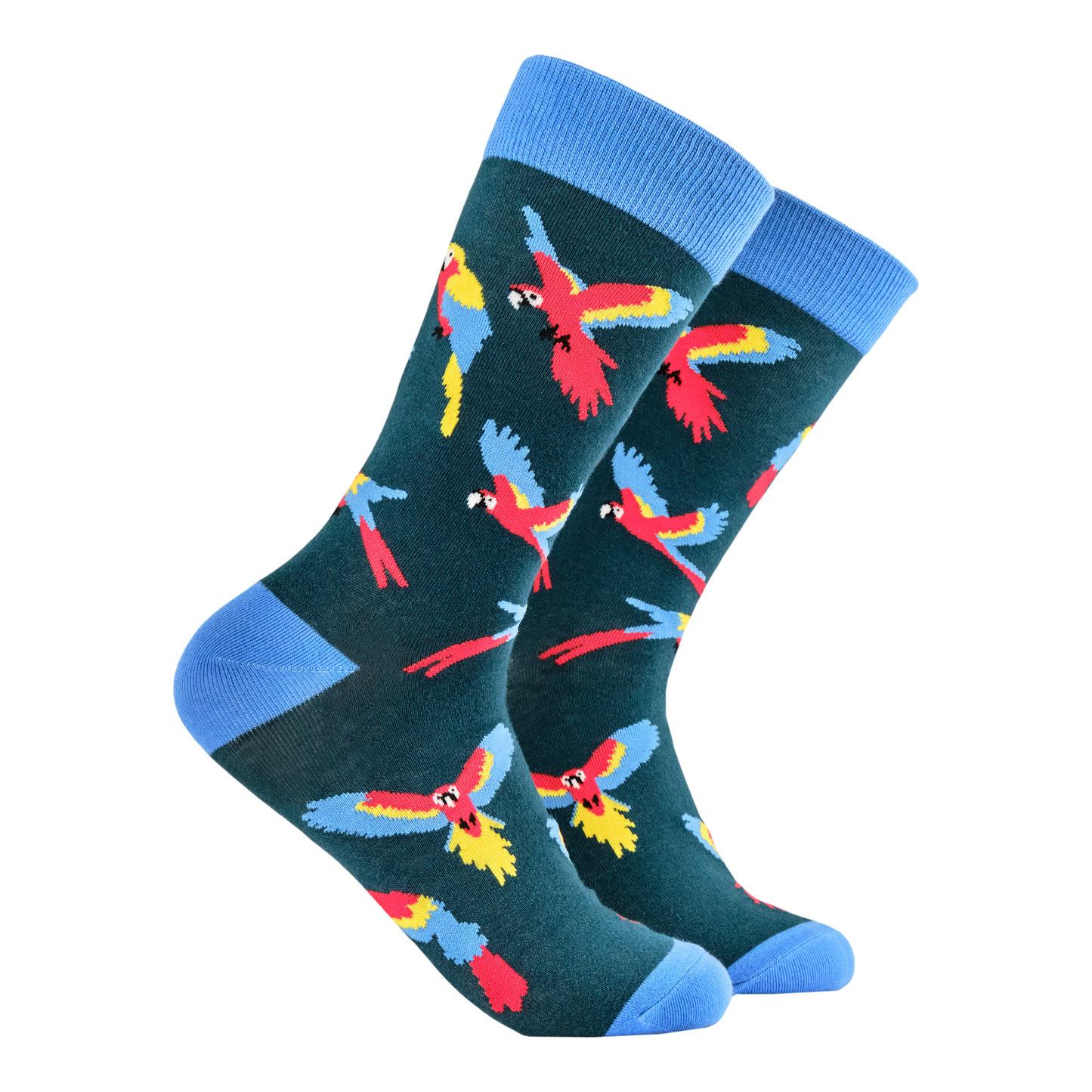Parroty Socks. A pair of socks with a parrot motif. Dark blue legs. Bright blue heel, toe and cuff.