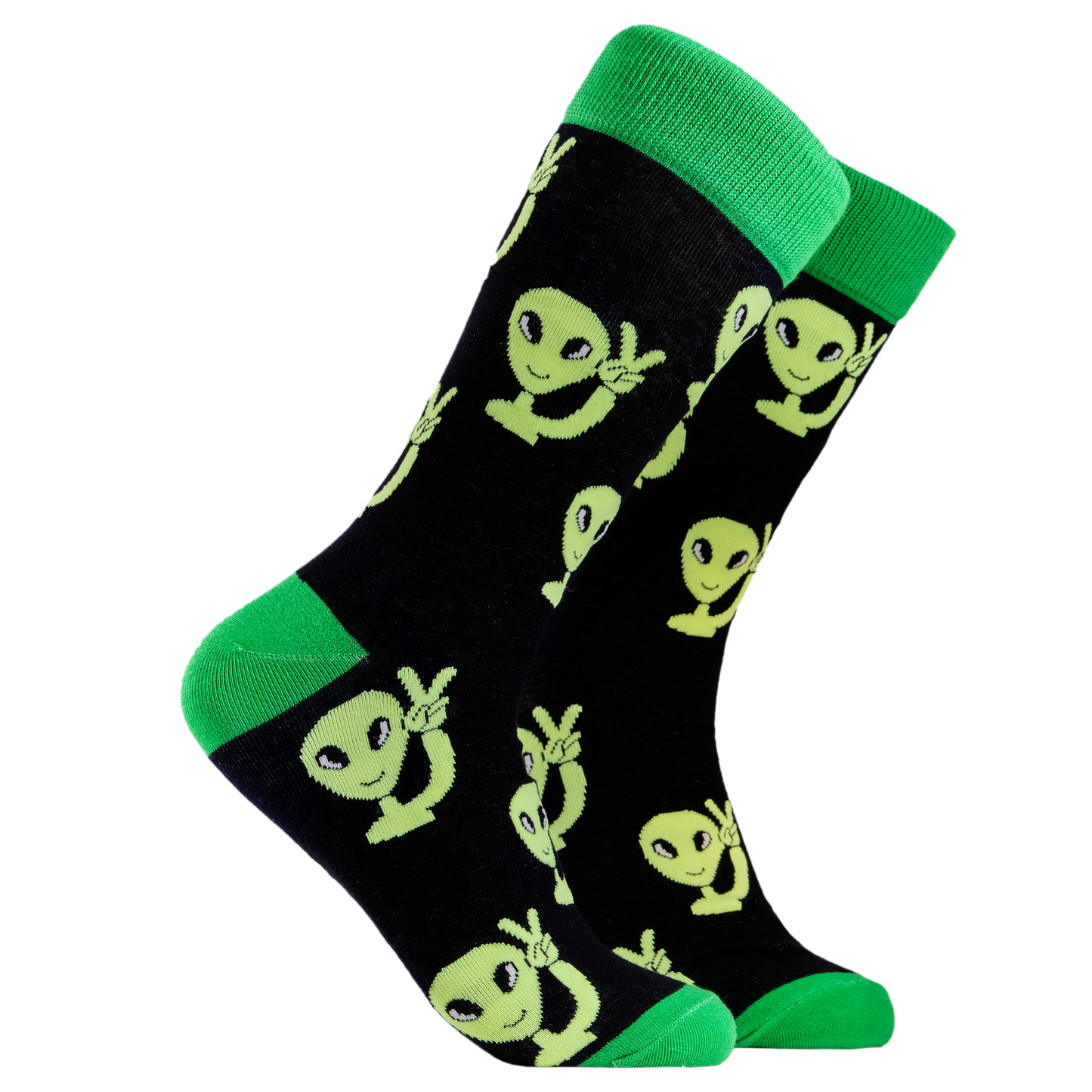 Alien Socks - Peaceman. A pair of socks depicting peaceful aliens. Black legs, green cuff, heel and toe.