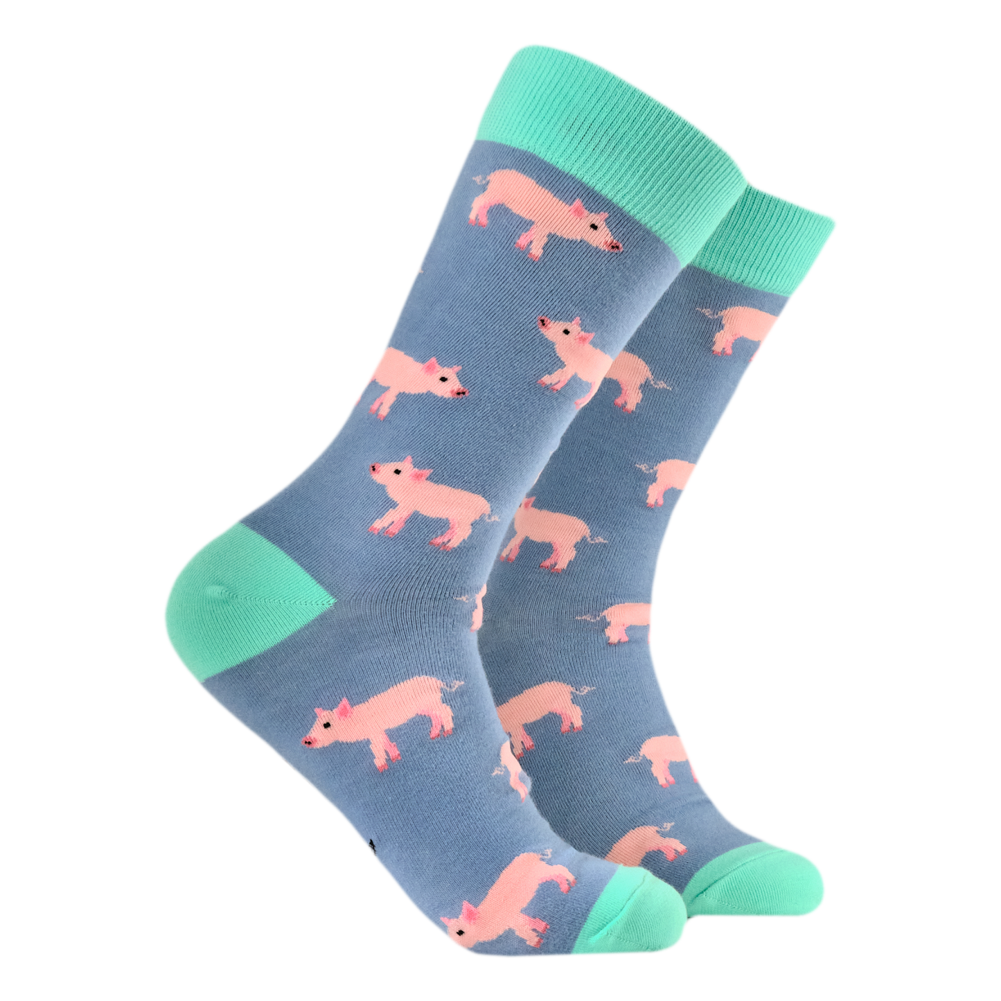 A pair of socks with a pilet motif. Blue legs, green heel, toe and cuff.