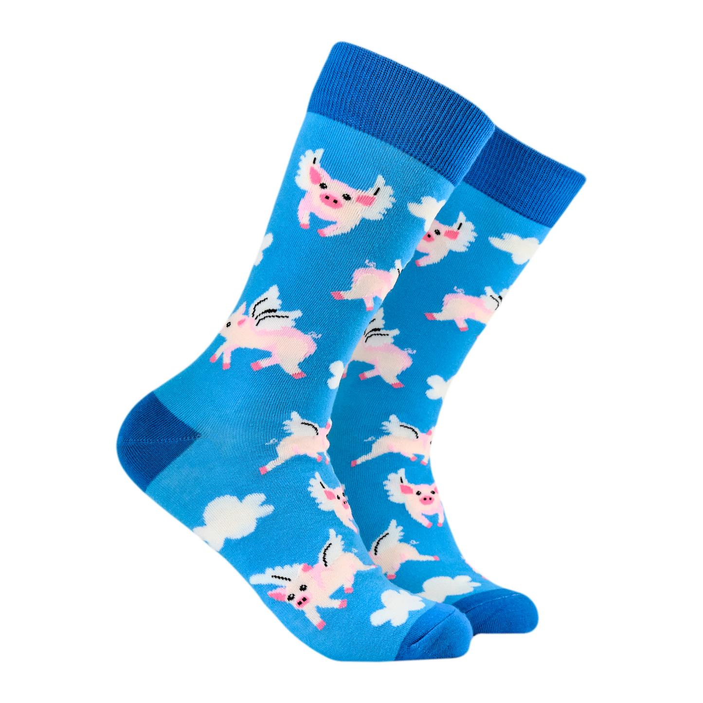 Pigs Can Fly Socks. A pair of socks with a flying pig motif. Light blue legs, dark blue heel, toe and cuff.
