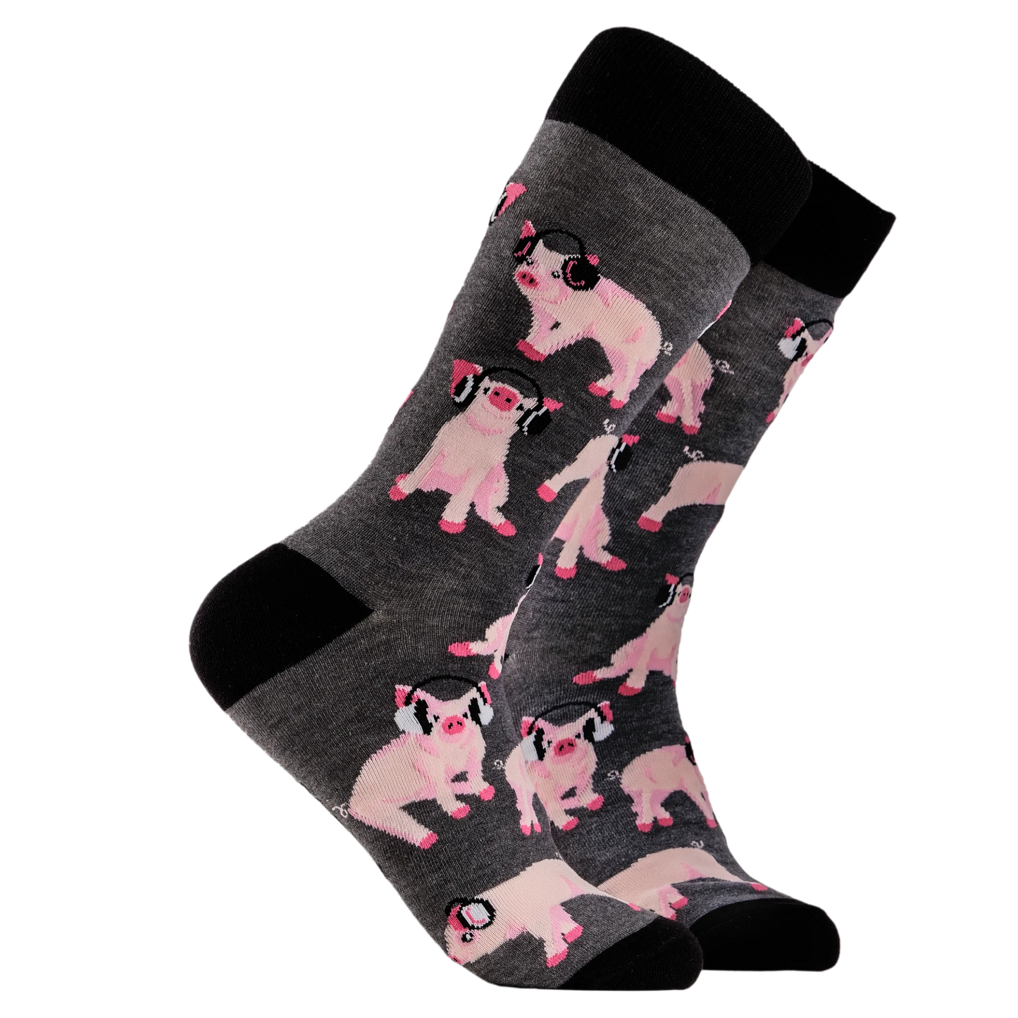 Pigs in Headphones Socks. A pair of socks depicting Pigs being wearing headphones. Grey legs, black cuff, heel and toe.