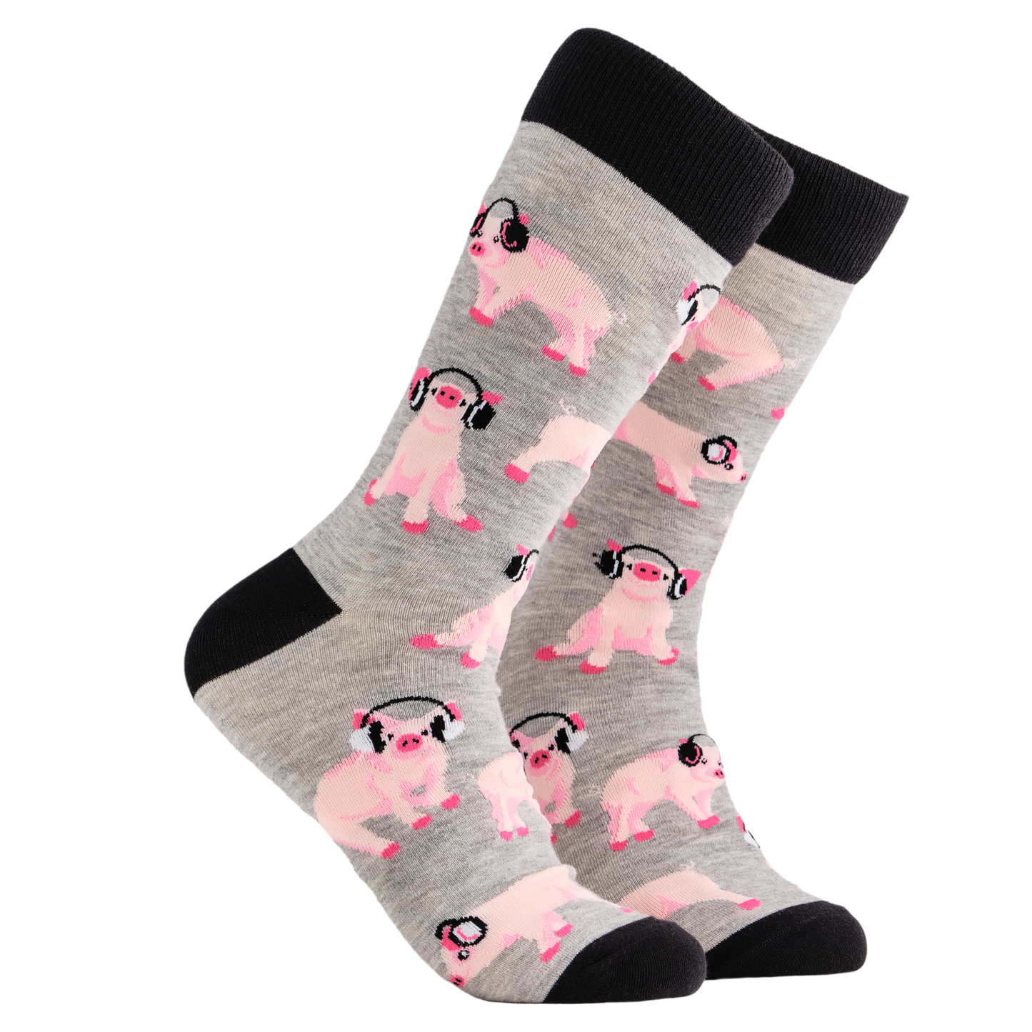 Pigs in Headphones Socks. A pair of socks depicting Pigs being wearing headphones. Light grey legs, black cuff, heel and toe.